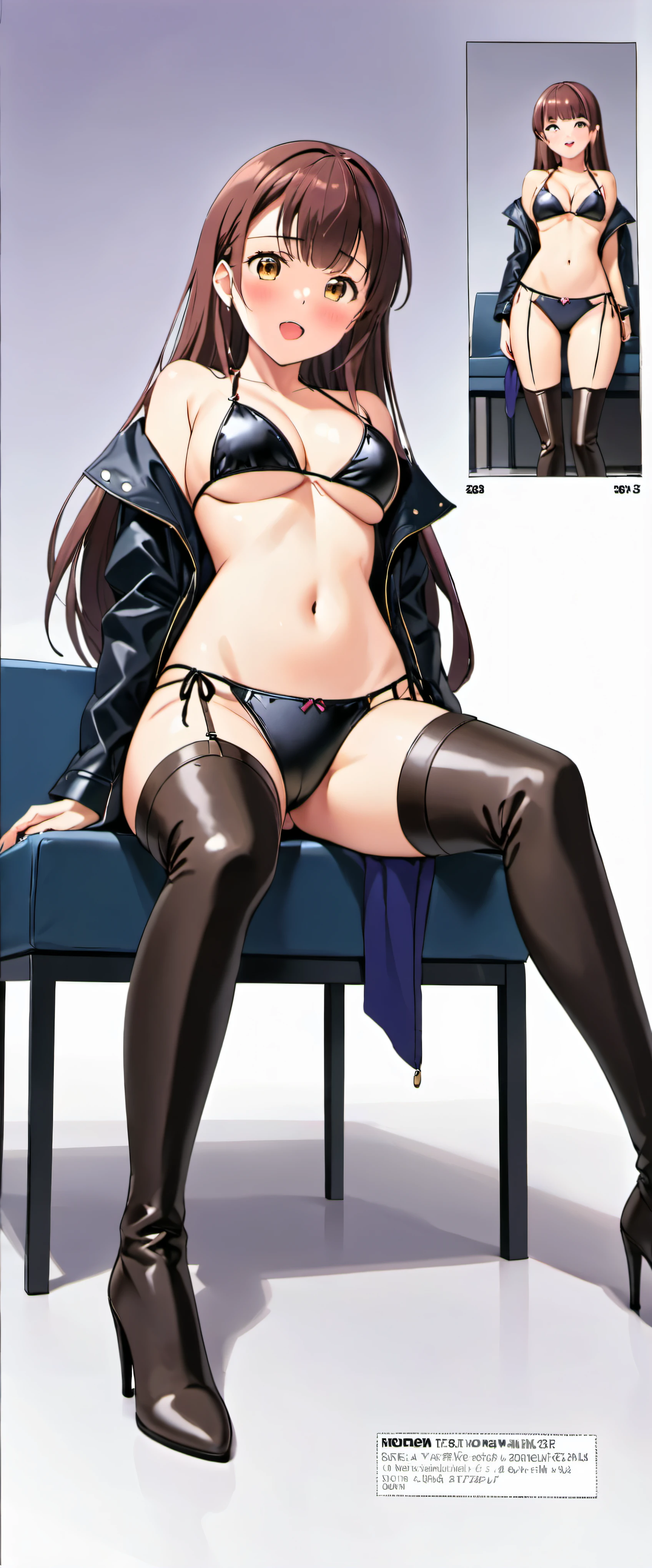 High resolution, adult woman , good lighting, despicable, , (No nudity), (((leather bikini))), (()), (((leather thigh high boots))), (garter belt), abdomen only, (Mansuji),  ,  cute face, I&#39;Iは恥ずかしくて赤面します, humiliating, ((spread your legs wide)), ((sit))