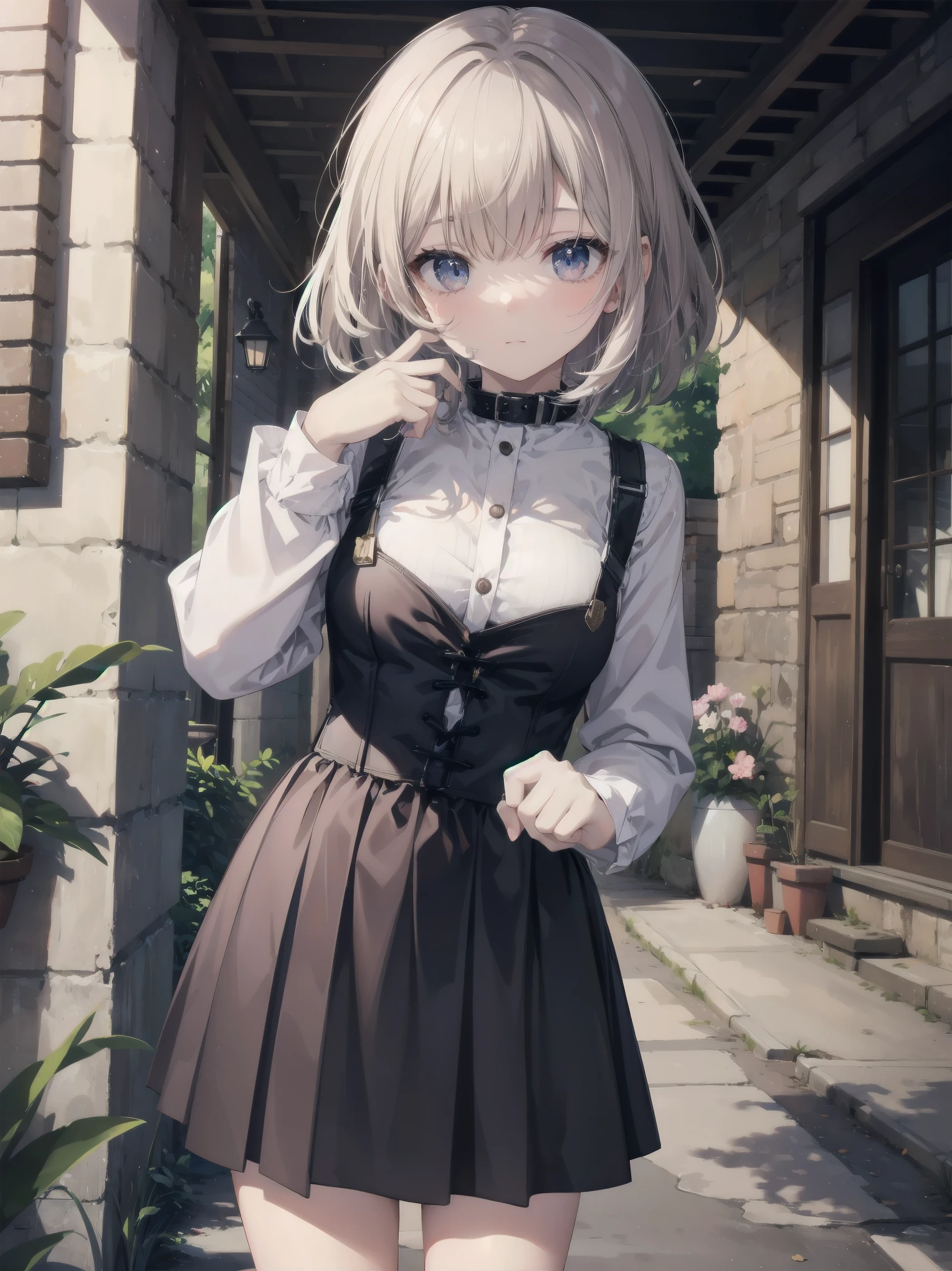 Super beautiful illustration、、kawaii girl、complex、finely eye、Realistic skin texture、Outstanding looks、、adolable、Smooth hair、Cute gesture、Mocking Pose、doress、long-sleeve、With collar、Long length skirt、corsets、Cute socks、cowboy shot、outside of house、Beautiful park、Three-dimensional、Deep background、Well built building、