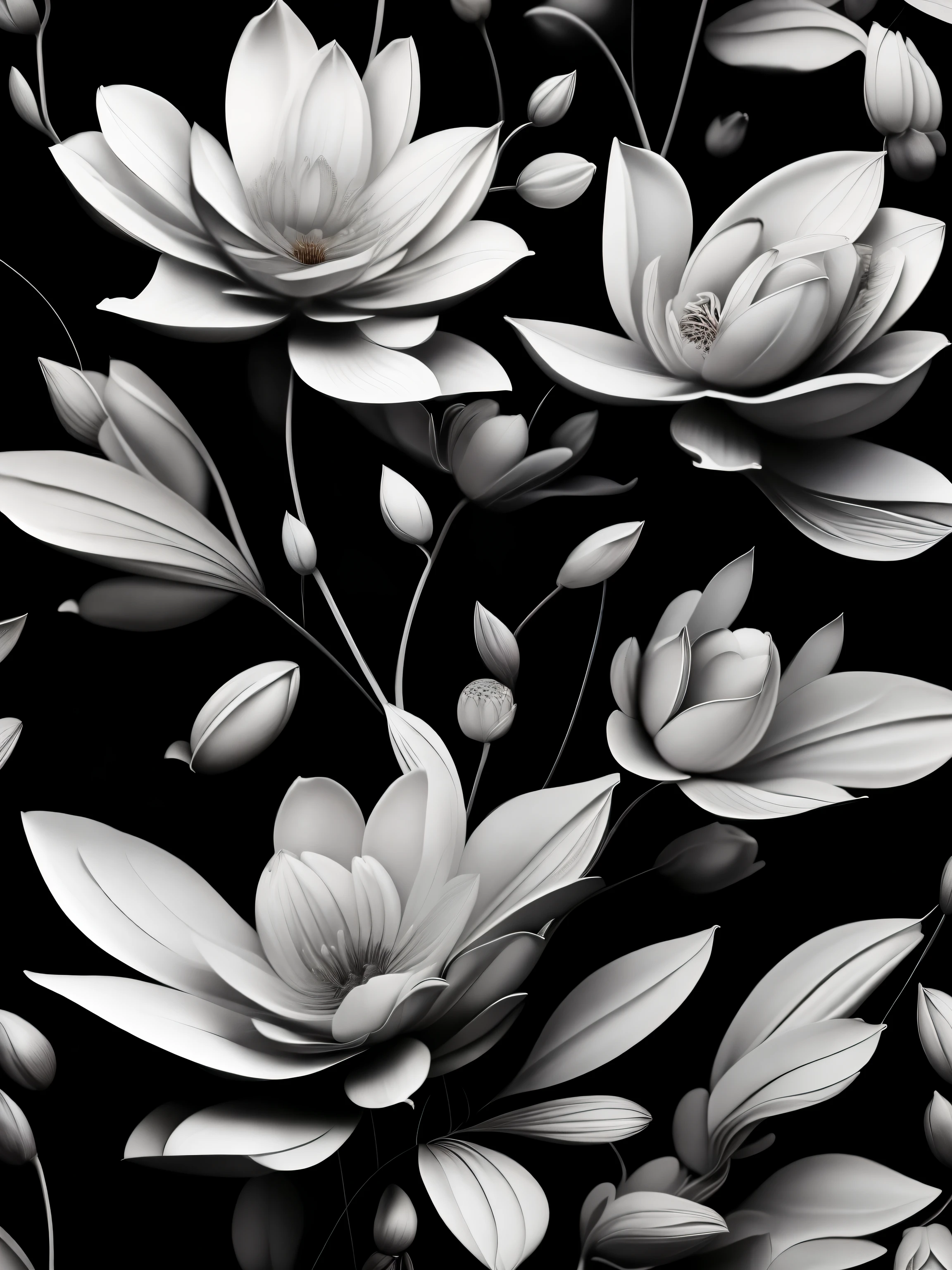 a close up of a bunch of flowers on a black background, black flowers, dark flower pattern wallpaper, detailed flowers, floral motives, elegant flowers, lotus flowers, lily flowers. 8 k, dark flowers, black and white colors, large opaque blossoms, with lotus flowers, magnolias, ornate flowers, black and white background, stunning lines, lotus