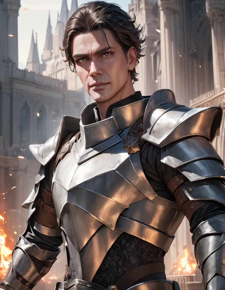 (close-up), 50yo man as a Knight (Your eyes look like two burning embers, short hair, wearing steel knight plate armor), ((heavy armor)), looking at viewer, in front of a magnificent castle, (masterpiece, best quality, photorealistic, UHD, 4K, 8K, 16K:1.2),