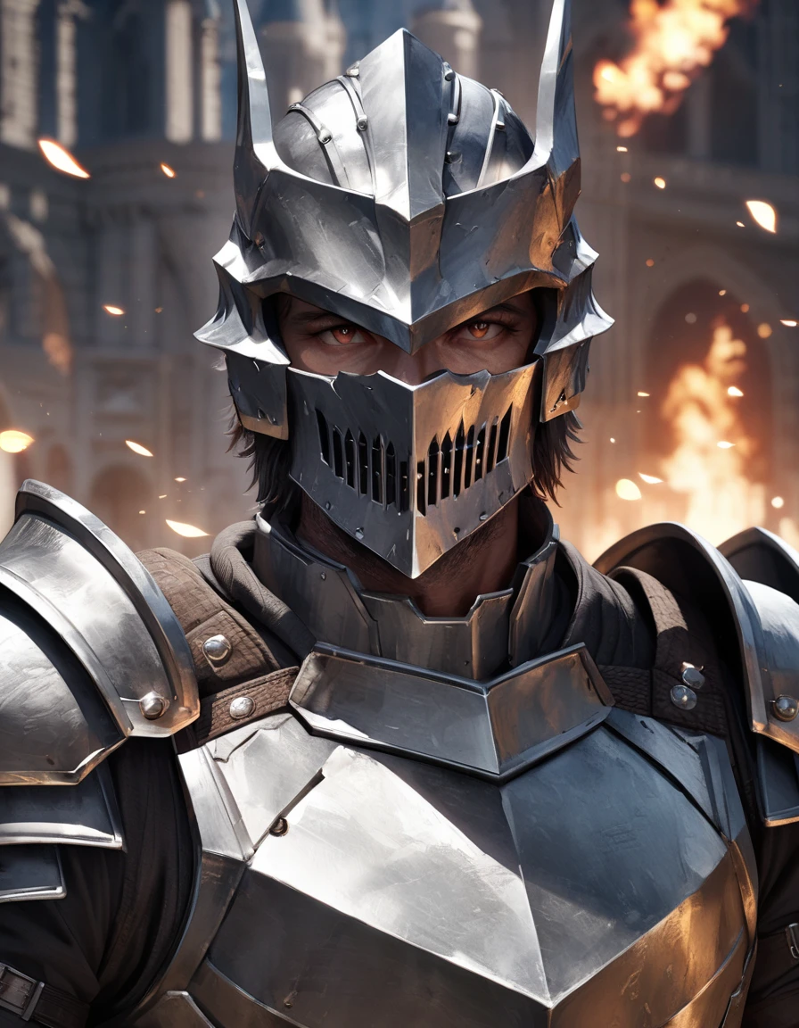 (close-up), 50yo man as a Knight (Your eyes look like two burning embers, short hair, wearing steel knight plate armor), ((heavy armor)), looking at viewer, in front of a magnificent castle, (masterpiece, best quality, photorealistic, UHD, 4K, 8K, 16K:1.2),