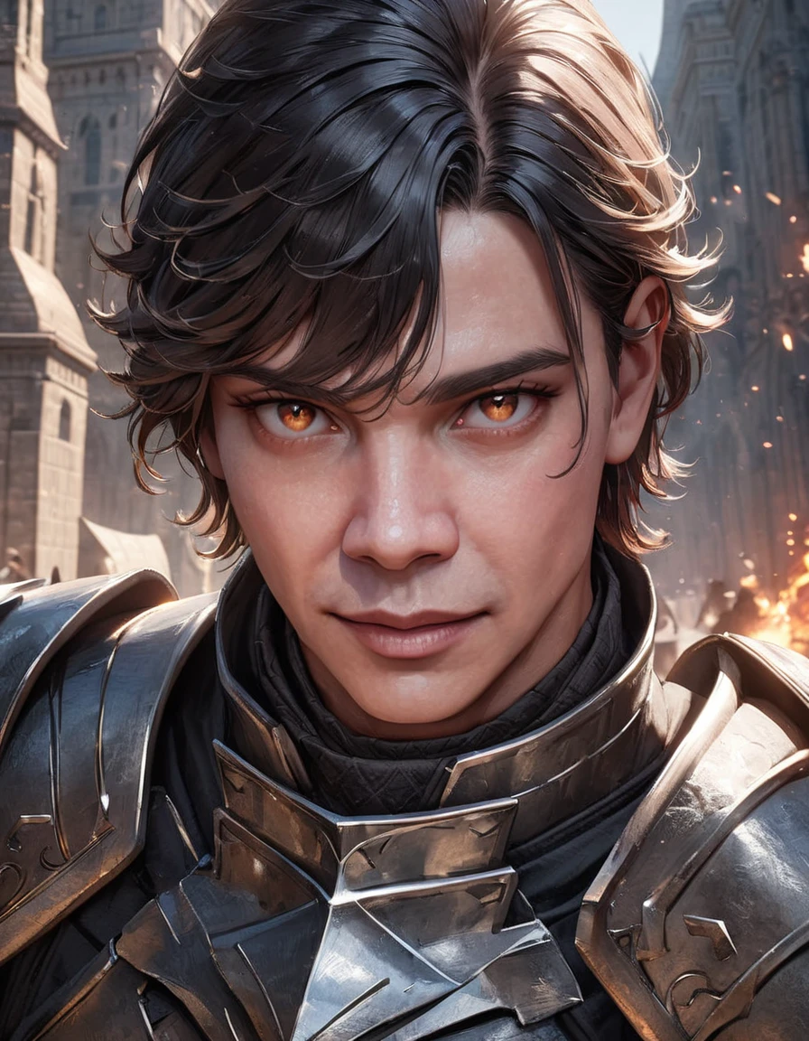 (close-up), 50yo man as a Knight (Your eyes look like two burning embers, short hair, wearing steel knight plate armor), ((heavy armor)), looking at viewer, in front of a magnificent castle, (masterpiece, best quality, photorealistic, UHD, 4K, 8K, 16K:1.2),