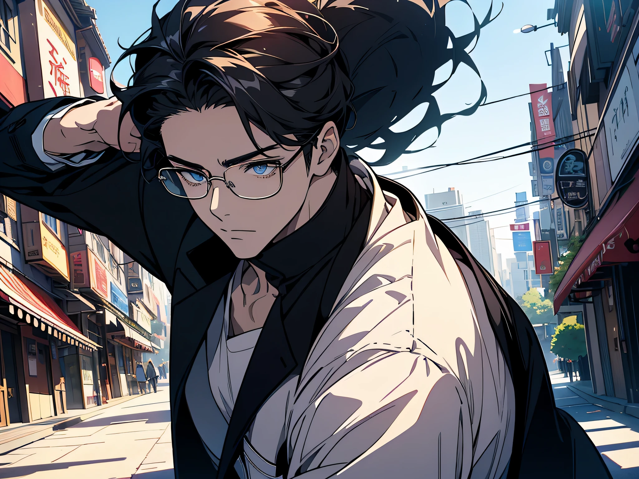 (highest quality、masterpiece、High resolution、8K、be familiar with)、(shining eyes、be familiar with目)、(Cool young man、good looking)、(black rim glasses)、beautiful anime、city、city内、dynamic angle、beautiful anime