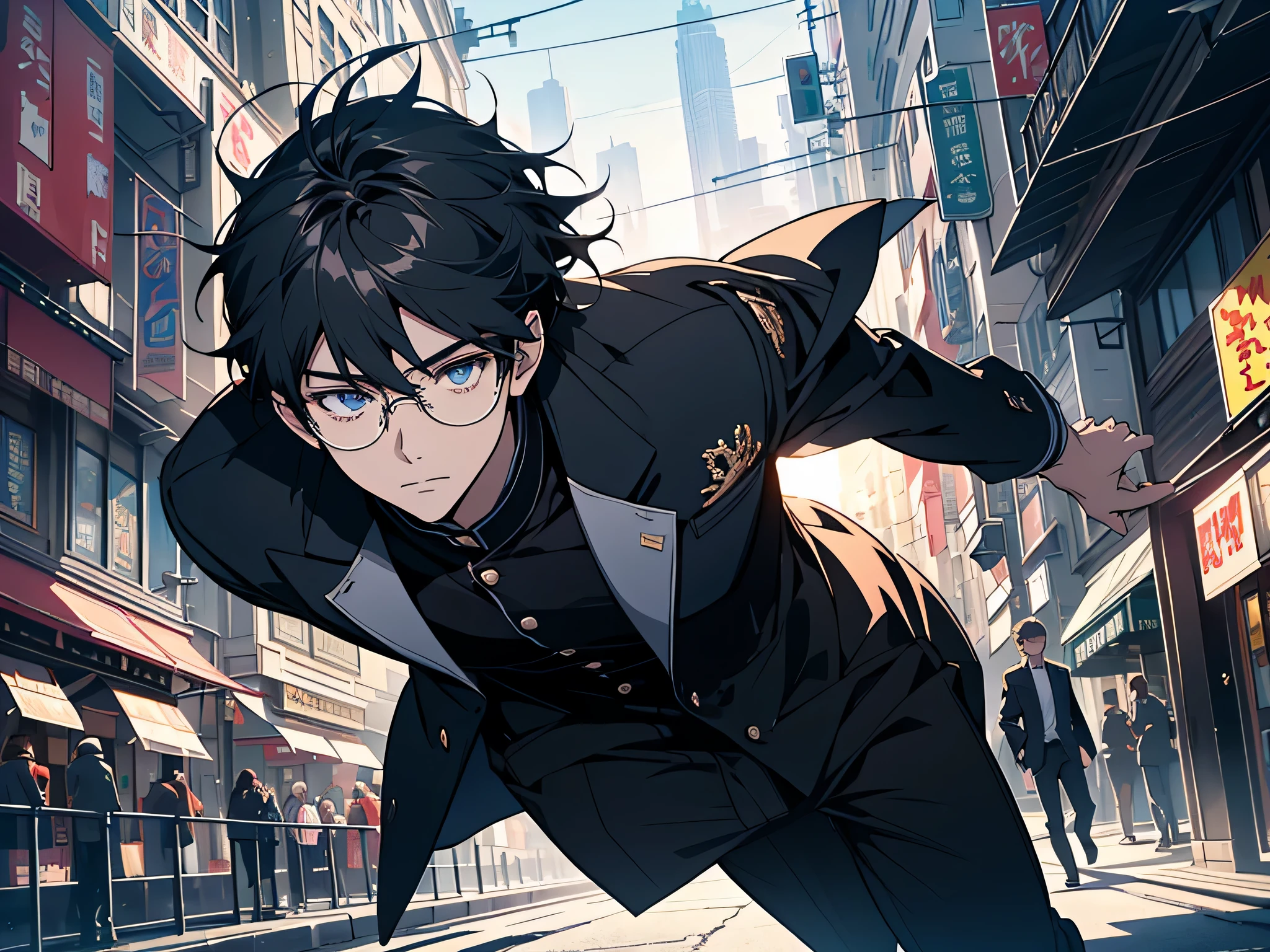 (highest quality、masterpiece、High resolution、8K、be familiar with)、(shining eyes、be familiar with目)、(Cool young man、good looking)、(black rim glasses)、beautiful anime、city、city内、dynamic angle、beautiful anime