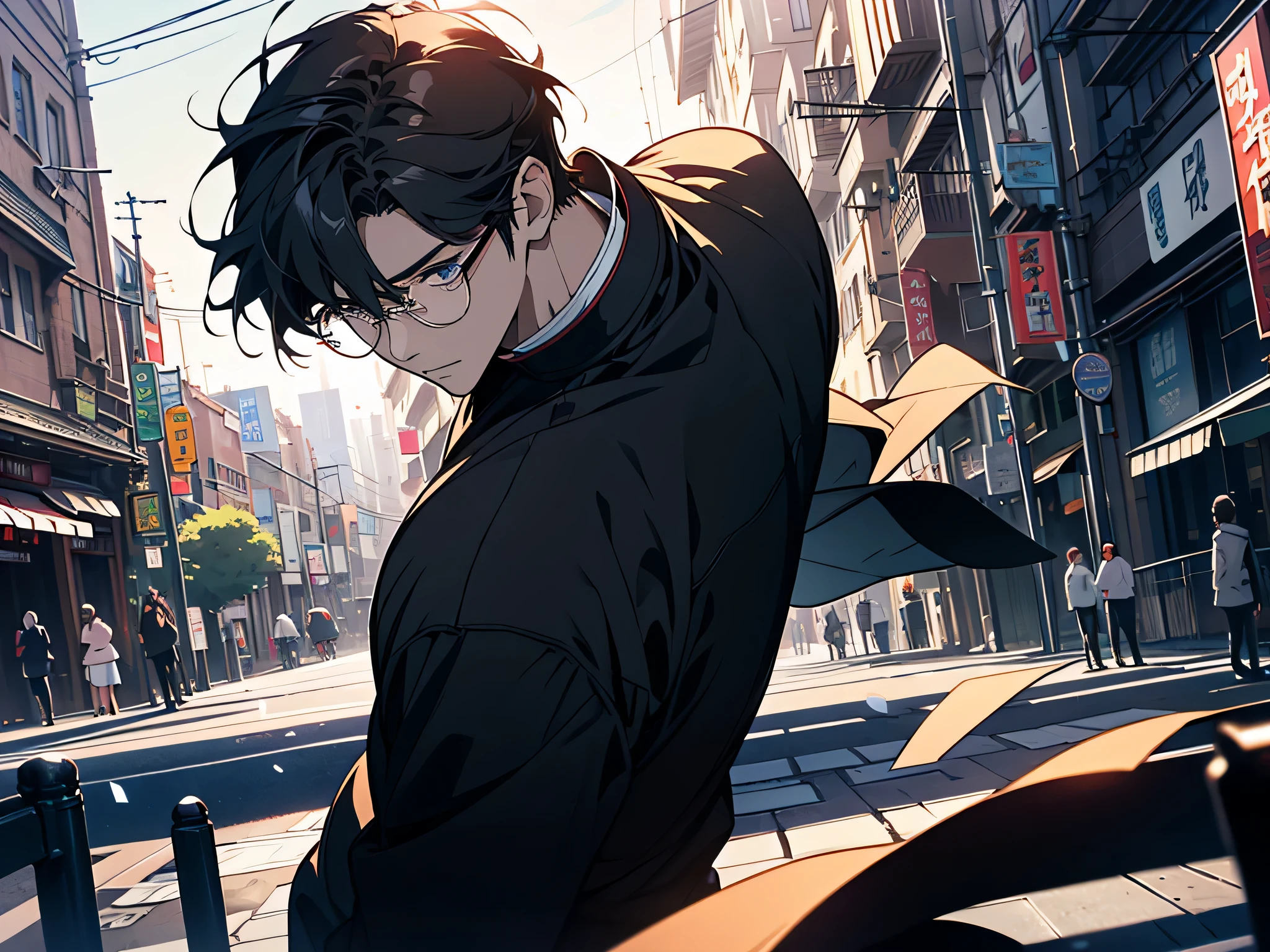 （highest quality、masterpiece、High resolution、8K、be familiar with）、（shining eyes、be familiar with目）、（Cool young man、good looking）、（black rim glasses）、beautiful anime、city、city内、dynamic angle、beautiful anime