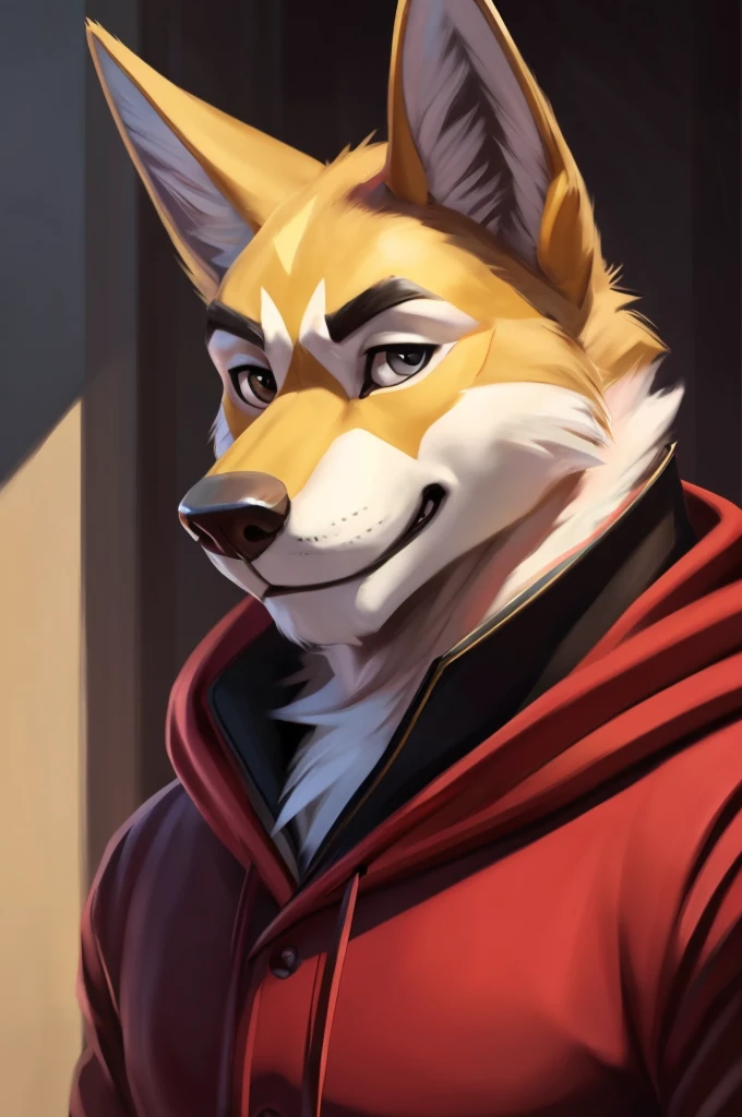 masterpiece, best quality, nj5furry,furry male, 1boy, furry, male focus, solo,animal ears, formal, wolf ears,wolf boy, smile ,
white fur, yellow fur, brown fur, two-tone fur,black eyes, black shirt, red hood, black hoodie,  thick eyebrows, tail, scar on eye,yellow ears, 
((full body,)), 
by chunie