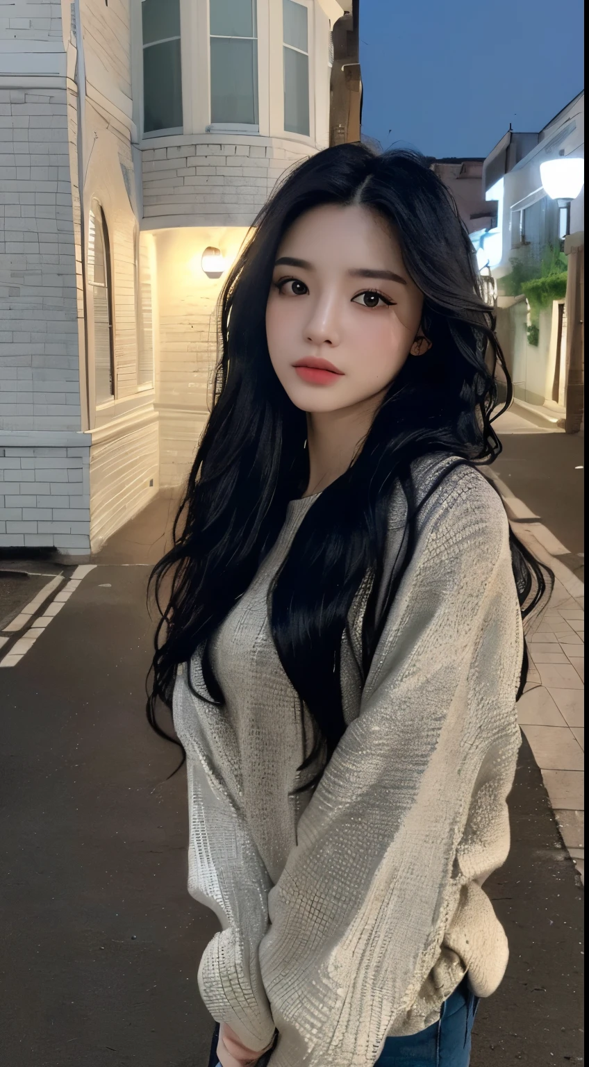 ((Realistic lighting、top-quality、8K、masterpiece:1.3))、Focus:1.2、1 girl in、flawless beauty:1.4、((Wavy black hair、:1.3))、(outside of house、natta:1.2)、Thin Eyes、double eyelid、(In the street)、toward to the camera、(half: 1)、((Casual wear))、