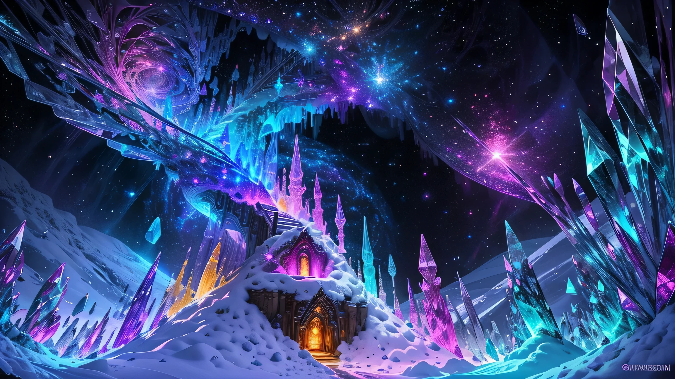 In the heart of a crystal fantasy world, a closer look reveals an endless, spiraling staircase crafted from clear crystals, each step shimmering with a kaleidoscope of hues. Above, the galaxy twinkles with stars and nebulas, a backdrop of infinite wonder. The crystals, with their transparent and sparkling surface, refract the light, creating a breathtaking, colorful display.

Photographers armed with state-of-the-art equipment capture this magical scene, employing dramatic lighting, photorealism, and ultra-detailed techniques to capture every facet of the crystals' resplendent reflections. The 4K resolution and depth