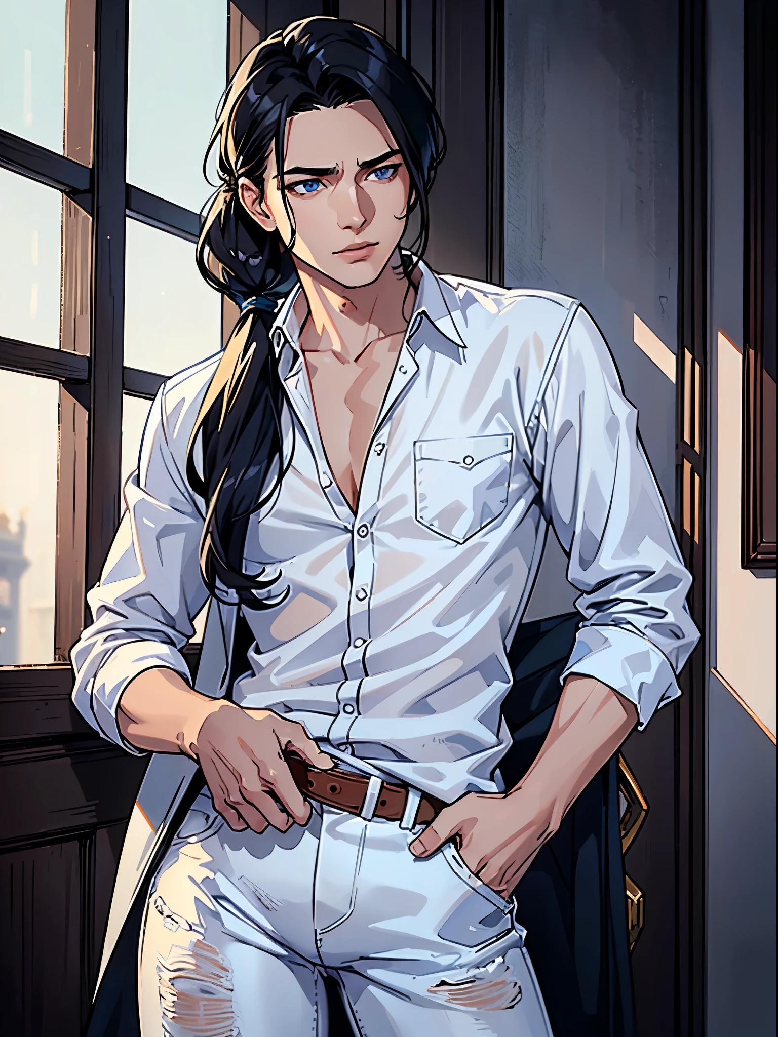 (best quality:1.4),masterpiece,ultra-detailed,delicate features,delicate skin,realism,beautiful lighting,cowboy shot,1man,black hair, pony tail,blue eyes ,tareme,long hair,white skin, white shirt, jeans