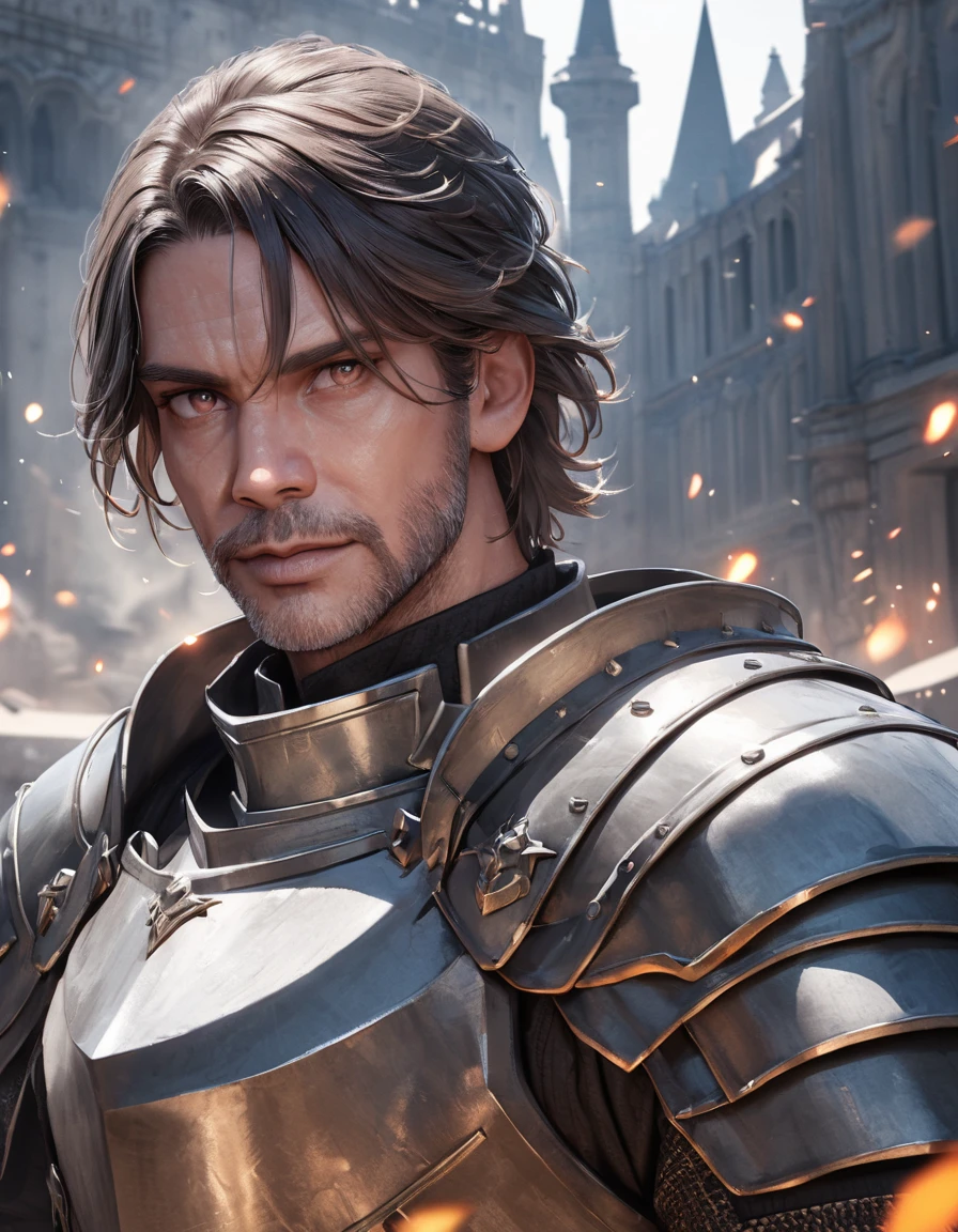 (close-up), 50yo man as a Knight (Your eyes look like two burning embers, short hair, wearing steel knight plate armor), ((heavy armor)), looking at viewer, in front of a magnificent castle, (masterpiece, best quality, photorealistic, UHD, 4K, 8K, 16K:1.2),