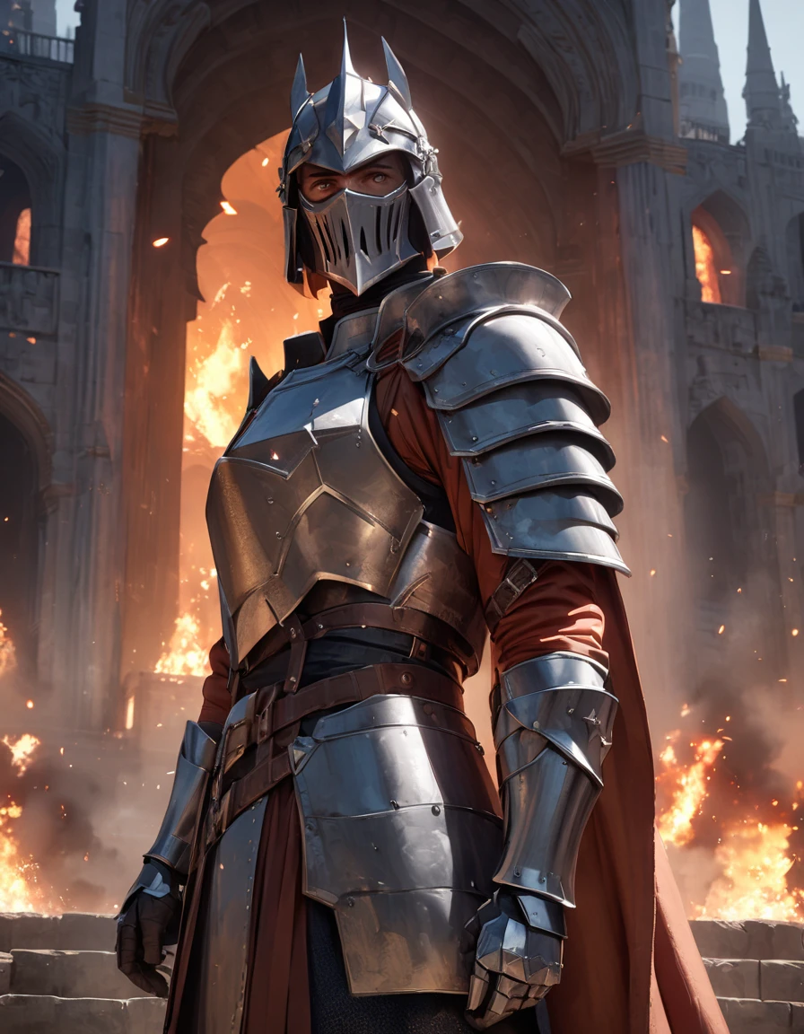 (close-up), 50yo man as a Knight (Your eyes look like two burning embers, short hair, wearing steel knight plate armor), ((heavy armor)), looking at viewer, in front of a magnificent castle, (masterpiece, best quality, photorealistic, UHD, 4K, 8K, 16K:1.2),