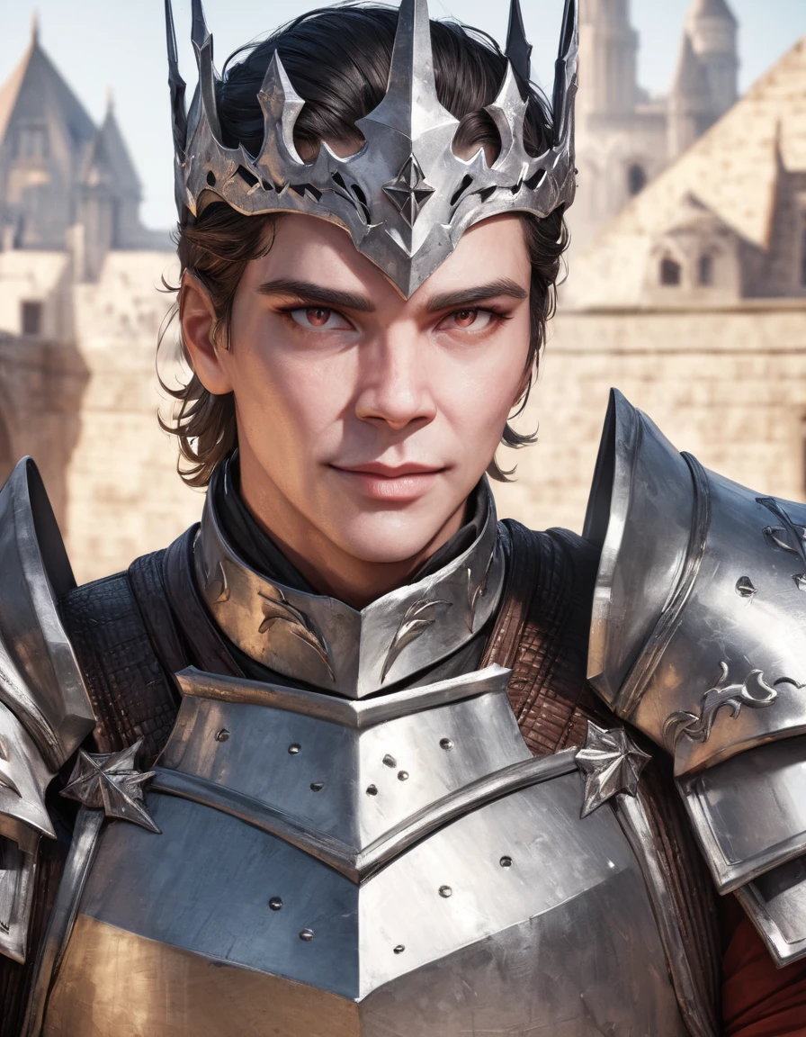 (close-up), 50yo man as a Knight (Your eyes look like two burning embers, short hair, wearing steel knight plate armor), ((heavy armor)), looking at viewer, in front of a magnificent castle, (masterpiece, best quality, photorealistic, UHD, 4K, 8K, 16K:1.2),