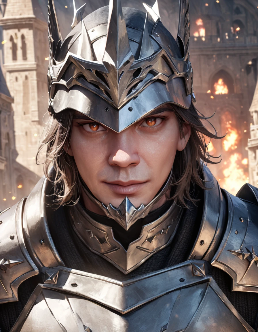 (close-up), 50yo man as a Knight (Your eyes look like two burning embers, short hair, wearing steel knight plate armor), ((heavy armor)), looking at viewer, in front of a magnificent castle, (masterpiece, best quality, photorealistic, UHD, 4K, 8K, 16K:1.2),