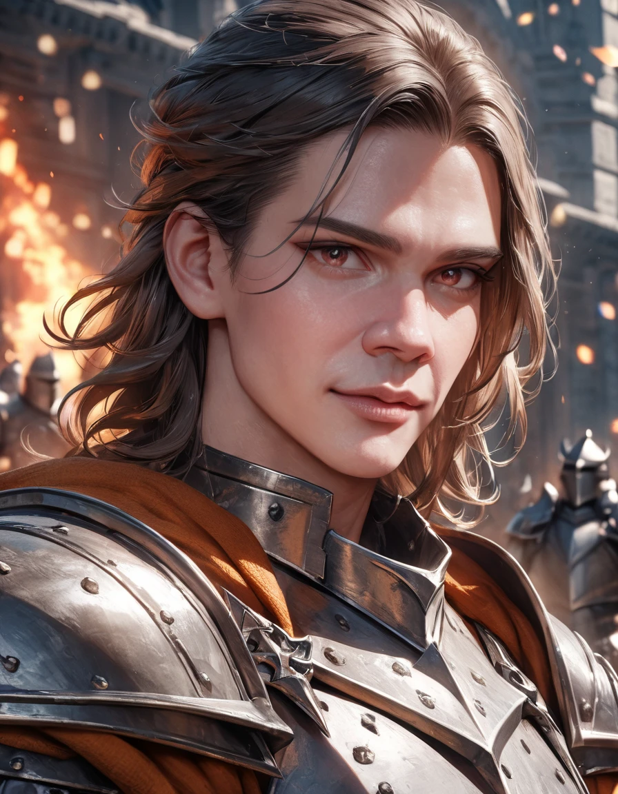 (close-up), 50yo man as a Knight (Your eyes look like two burning embers, short hair, wearing steel knight plate armor), ((heavy armor)), looking at viewer, in front of a magnificent castle, (masterpiece, best quality, photorealistic, UHD, 4K, 8K, 16K:1.2),