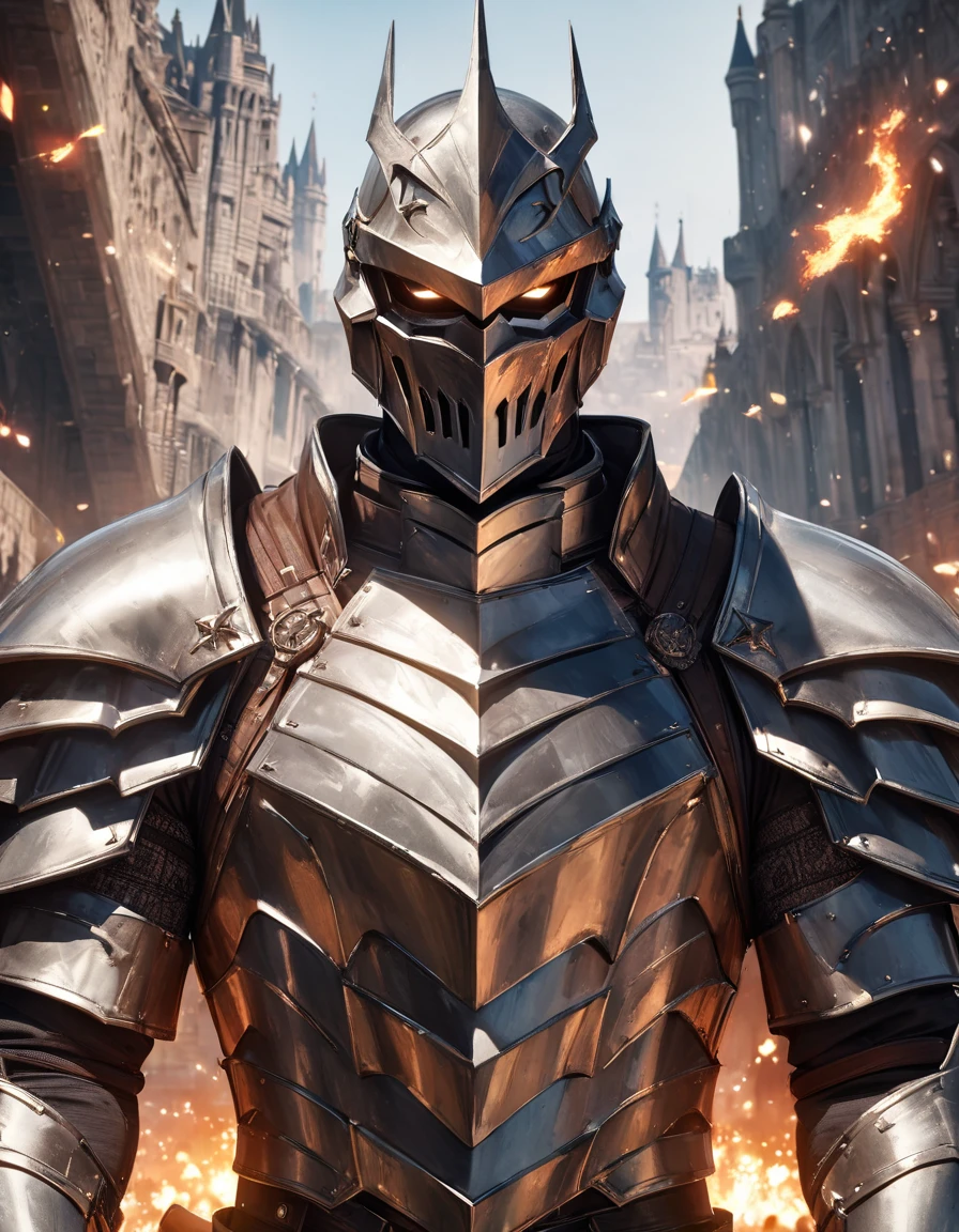(close-up), 50yo man as a Knight (Your eyes look like two burning embers, short hair, wearing steel knight plate armor), ((heavy armor)), looking at viewer, in front of a magnificent castle, (masterpiece, best quality, photorealistic, UHD, 4K, 8K, 16K:1.2),