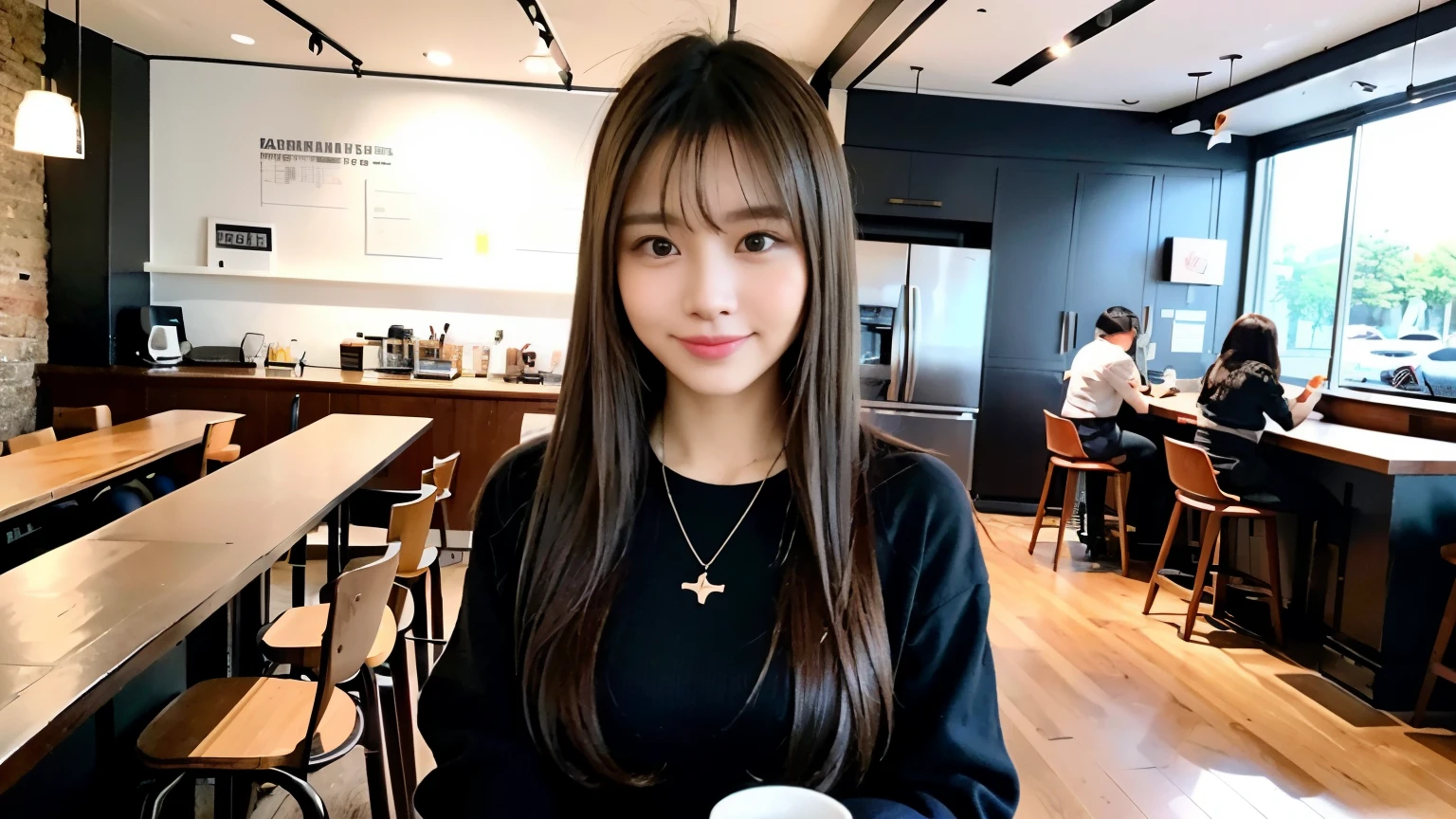 (最high quality、8K、32k、masterpiece:1.2)、A photo of a female college student who looks like a cute model、normal breast、Upper body、face focus、necklace、look at the audience、background a trendy coffee shop with a unique aesthetic and atmosphere. Incorporate elements like modern furniture, artistic decoration, and ambient lighting to enhance the ambiance. People who enjoy drinks々Consider including, engaging in conversation, or quietly working on laptops. Let your creativity flow、In this chic café setting「stable diffusion」Let the idea come to life, I can see other customers enjoying themselves too.。At the back of the cafe、Staff are busy working at the counter.、Feel the vibrancy and warmth of a city cafe, sharp focus, 1 girl, sexy 1.2, brown hair, With bangs, fine eyes, Beautiful eyes with slit length, double eyelid, (cat face), (cute Face), cute Smile, (close your mouth), (cute), soft skin, surreal, Super detailed, high quality, (beautiful college girl), ((詳細な非常にcute女子大生)),