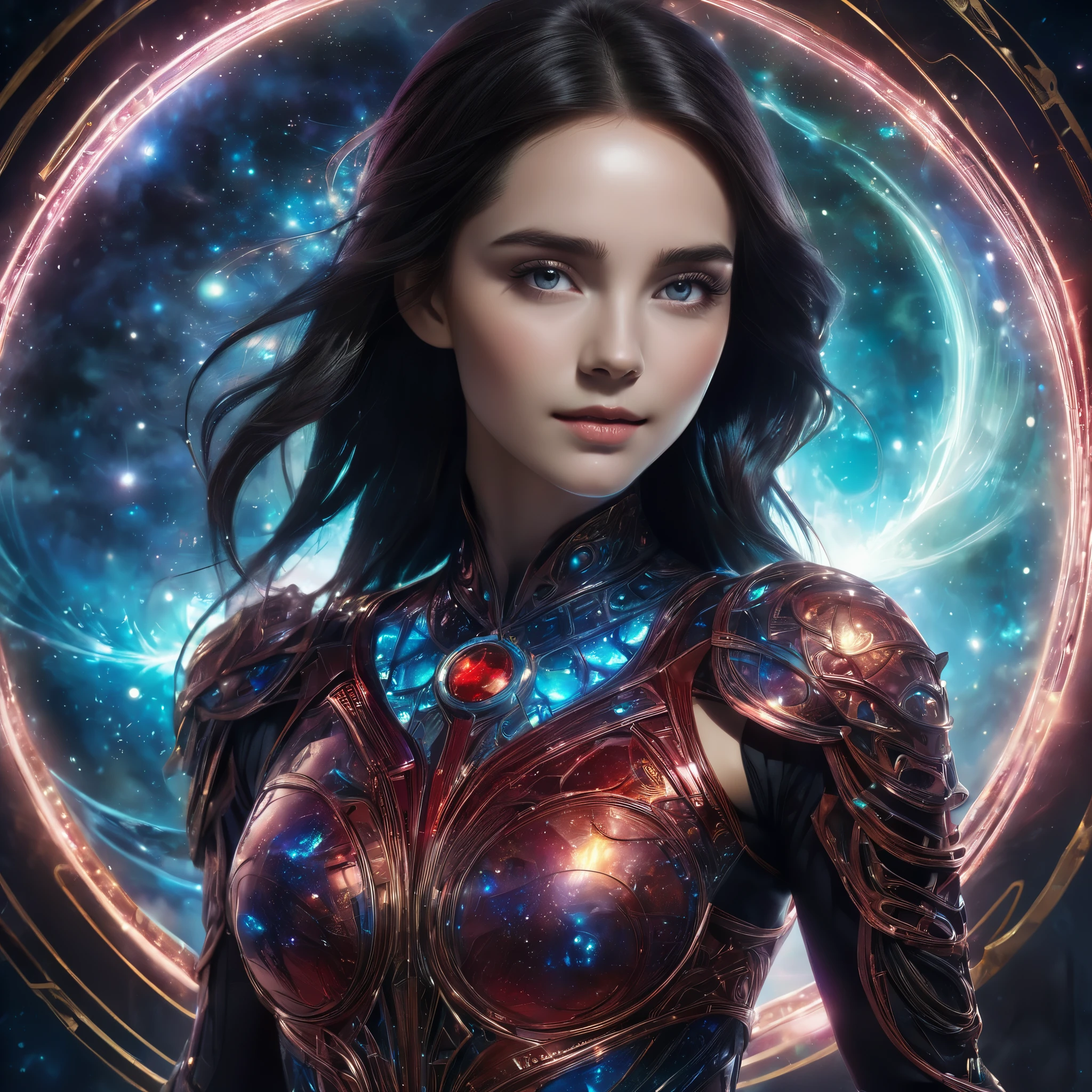 (1 beautiful age Italian girl),(wears iridescent bodysuit with beautiful fractal or marble design:1.5),(She wears gauntlets with a detailed and very beautiful design decorated with jewels:1.6), ((Shie is showing her armpits:1.6)), (erotic pose:1.6), (model pose:1.6), incredibly spectacular scene, ((high quality)), ((fantasy)), blue plasma brain, green plasma body, obscene, average, (despicable:1.2), (immoral:1.2), (Small breasts with beautifully raised pink areolas:1.5), (expression of ecstasy:1.2), hyper realistic photo, official art, Unity 8K Wallpaper, 8K portrait, high quality, very high resolution, (incredibly beautiful nature background:1.6), (18-year-old:1.5), (sexy and glamorous:1.1), (coquettish expression:1.6), (smile seductively:1.6), beautiful seductive face, portrait, (thick eyebrows:1.4), (big scarlet eyes:1.6), Beautiful eyes with high bilateral symmetry, (highly detailed eyes:1.4),(highly detailed face and eyes:1.7), (High resolution red eyes:1.8),  (Super detailed skin texture:1.4), super detailed pale skin, perfect anatomy, thin, (Beautiful muscular toned body:1.6), highly detailed jet black hair,  (moist skin:1.2), no makeup, (Bear:1.1), excellent anatomy, Focus plane, good looking, (emilia clarke:0.1) (emma watson:0.3),(jennifer connelly:0.24),  (A delicately crafted necklace is wrapped around her neck), (Bioluminescence with a brilliant glow:1.4), (Shining magic circle:1.5), ruins of an ancient castle, Shining majestic clouds and sky, lightning, spectacular realistic, (greg latkowski:0.8), (teal and orange:0.4), (art station:1.5), cinematic, (NSFW:1.6), dramatic light, (intricate details:1.1),Milky Way, (nebula:1.6), dark Knight, Focus on fully armored body