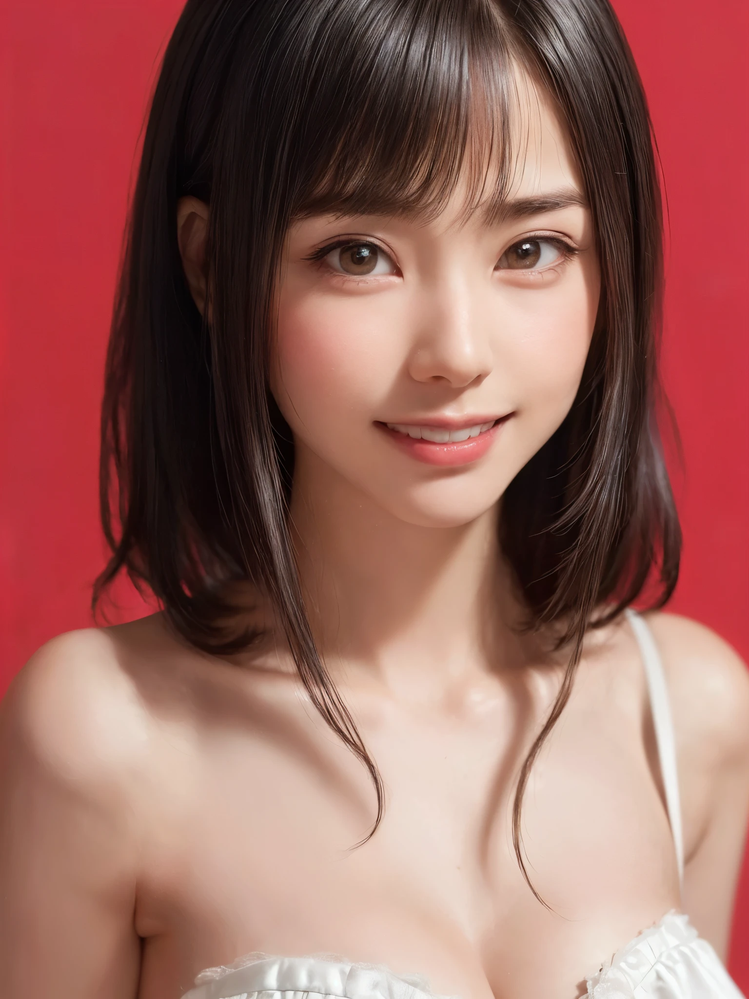 (table top, highest quality、ultra high resolution、face focus focus、focus on the sides、navel focus、decolletage focus、very attractive beauty、Add intense highlights to your eyes、look closely at the camera:1.4、Absolutely beautiful bangs:1.4、Brunette short bob hair with bangs:1.4),1 girl, Report, black haired, realistic, looking at the viewer, pale black eyes, short hair, lips, lip gloss, Upper body、Big eyes、eyelash)、((italian natural background、hyper real stick:1.4))、((short hair with bangs:1.4、Beautiful bangs with 46 points:1.4、{Huge|big|Hugeな|mega} chest:2, cleavage:2、Big eyes、Give students very powerful highlights、very bigger chest、look at the audience、very beautiful beauty、show me your ears、beautiful long neck、beautiful decollete、smile、A smilee　beautiful teeth、Open your mouth and smilee))、28 years old、very cute super model、perfect anatomy