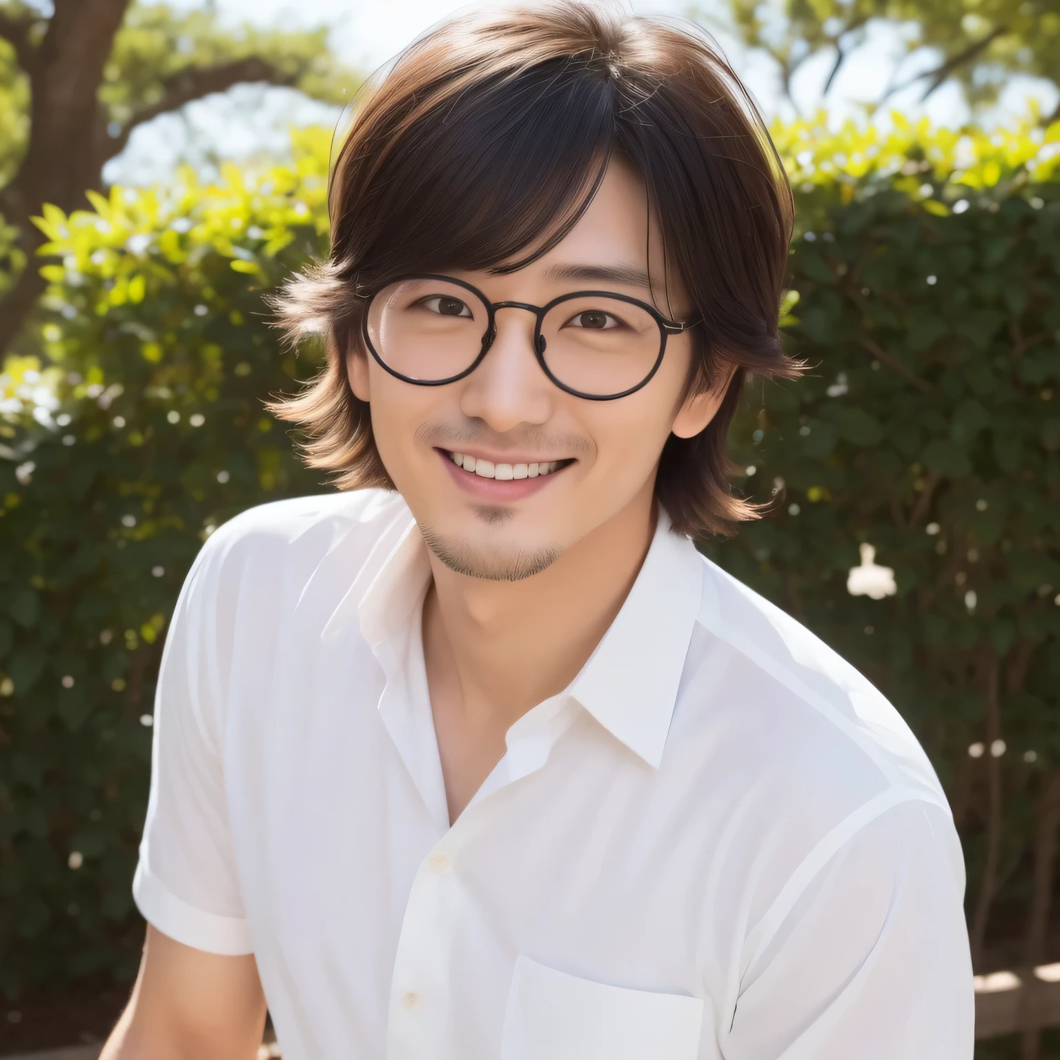 highest quality, masterpiece, 超A high resolution, (realistic: 1.4), original photo, wallpaper, from the waist upの写真, skin, The background is a park, black eye, be familiar with, one man, 40 years old, good looking, Wind, Light of the sun, they want、素晴らしいgood looking男、cute、Central Department、short black hair、Johnny's、A face like Takuya Kimura、Fresh、eyebrows are not too thick、smile、white button down shirt、1 male、from the waist up、from the waist up半身、IV fashion、wears perfect round glasses、stubble、from the waist up半身、