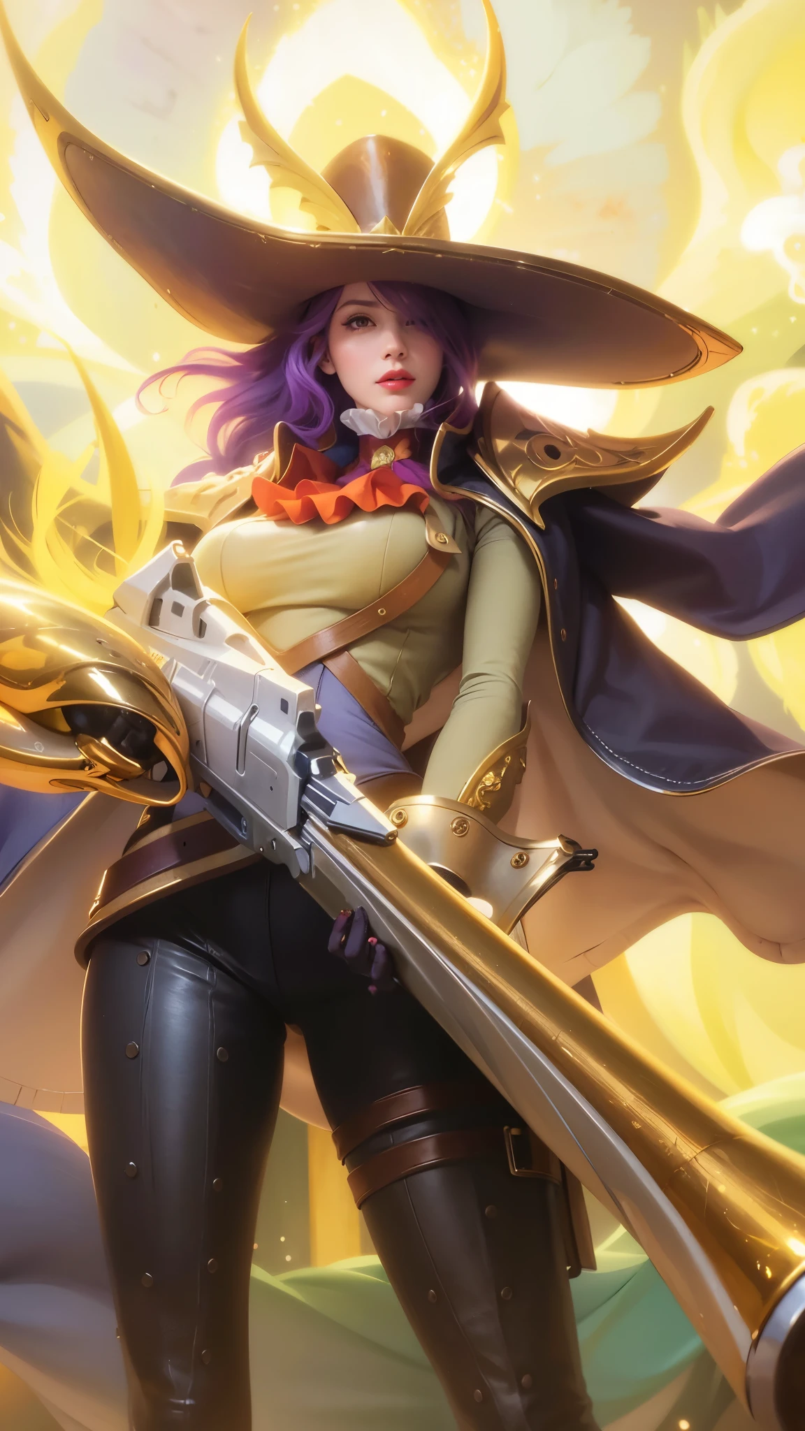 a close up of a woman with a gun in her hand, purple long hair, red lips glossy, 8k, ultra hd, ultra detailed texture, hyper realistic, masterpiece, detailed texture, detailed face, detailed skin, detailed lighting, (photorealistic:1.5), best quality, beautiful lighting, cinematic lighting, professional lighting, ultra highres, realistic, detailed hair, real hair, high quality, (realskin:1.5), extremely detailed, finely detail, ultra-detailed,