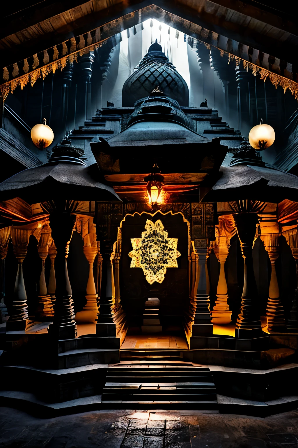 ((best quality)), (detailed), evil decor, effrayant, dieu Inde, nuit, smoke, Haunted Forest, India, spirituality, Hindi, Hindou, temple Indien, temple Hindou, architecture parfaite, Sacred geometry, nombre d'or, architectural precision, dark monks, cannabis, hallucinogenic mushrooms