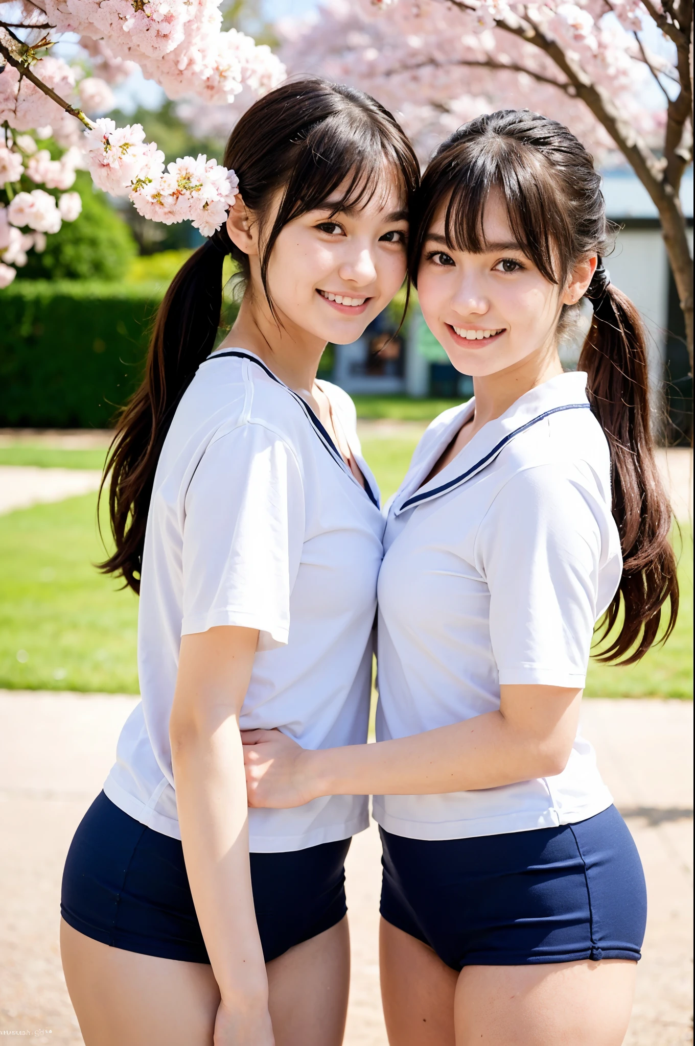 two girls standing in the park,Plain white school gym shirt with navy blue trim,Navy blue speed briefs,Red headband,White headband,18-year-old,bangs,A small smile,Thighs,knees,Straight hair with barrette,From below,Front light, White panties visible through the skirt、((Lift the hem of the skirt with both hands to reveal the panties))、Cute like an entertainer