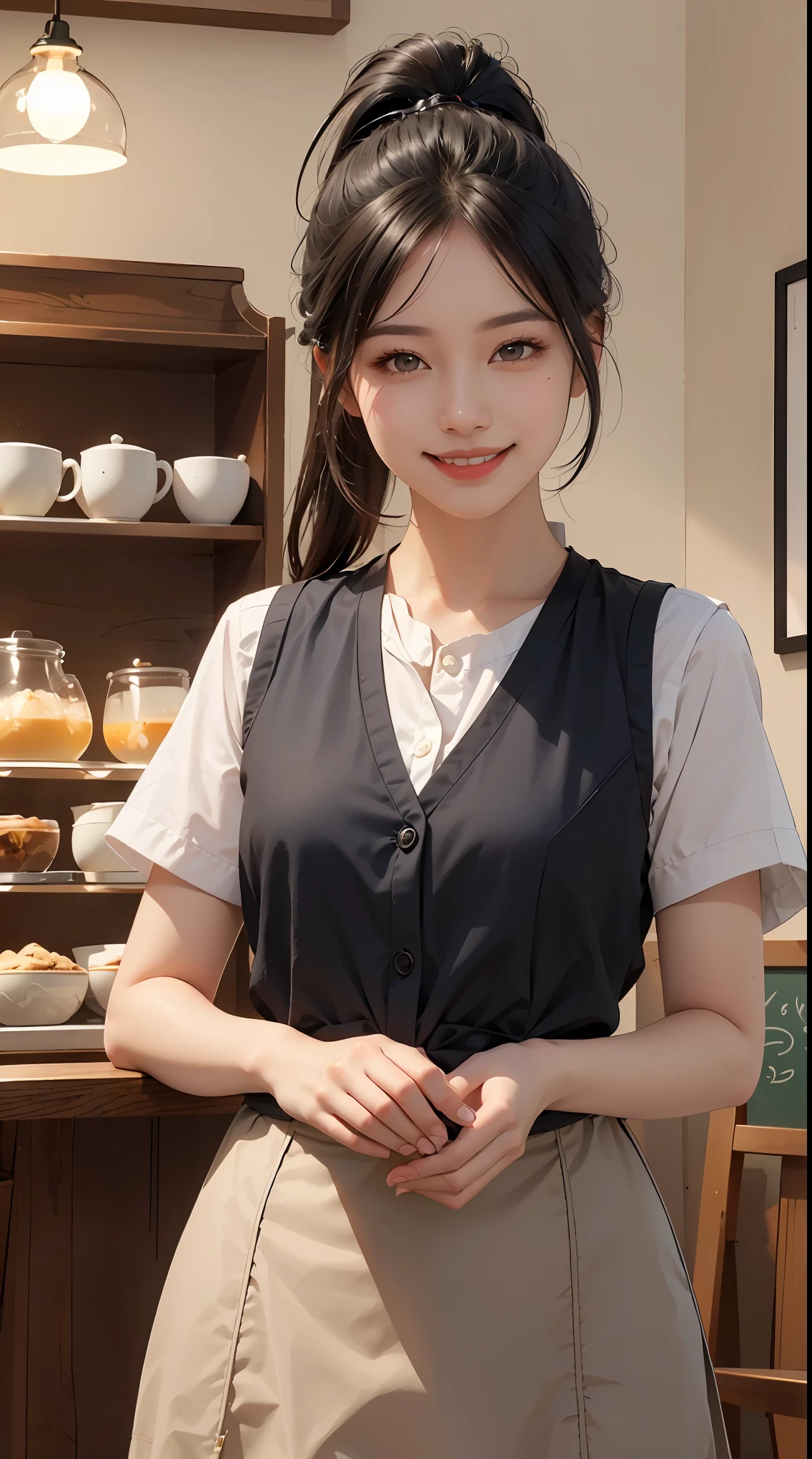 Works of masters,超A high resolution,8K分辨率,depth of fields,Exquisite facial features,Glowing skin,girl,solo person,barista,Watery eyes,Glowing eyes,ssmile,Long grey hair,brown haired,Wave head,heart-shaped hair ornament,Bracelet,Collar,hoop earings,Workplace uniforms,pinafore,Fast Food Uniforms,Facing the viewer,Holding a mug,tea shop,Cinematic lighting、Panties in full view