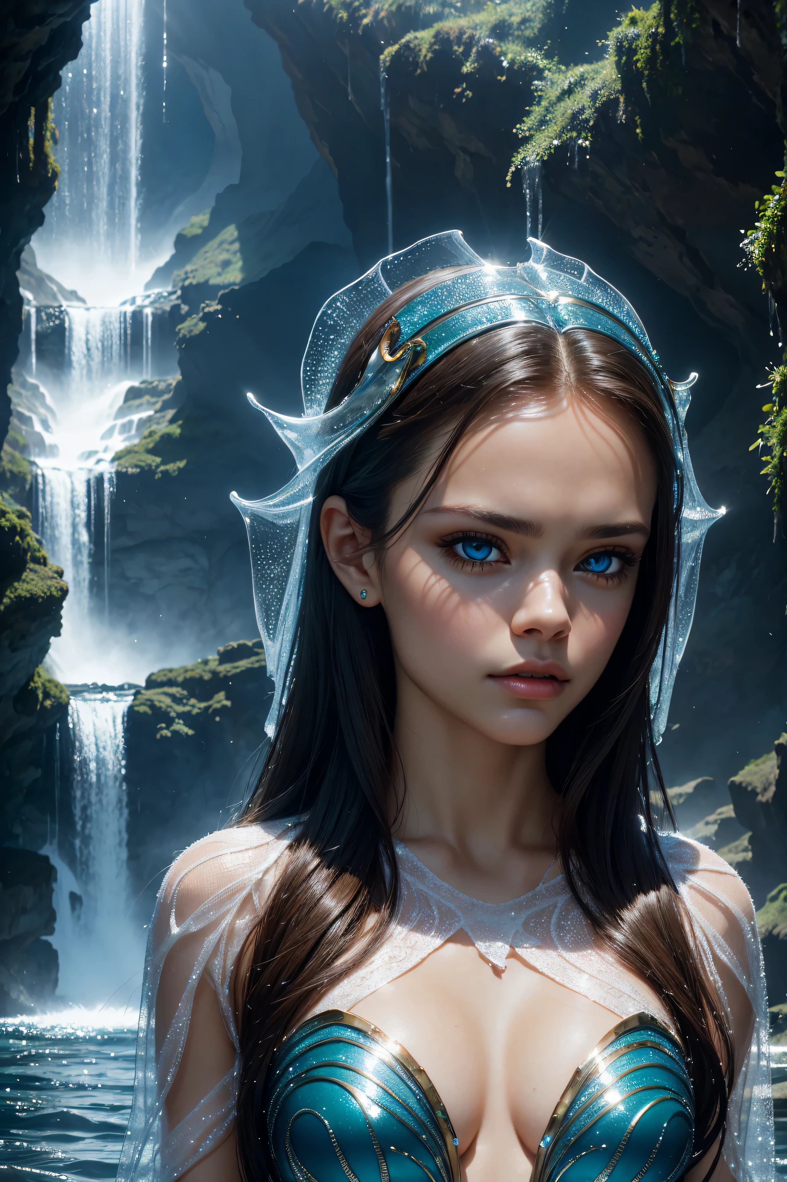 Alexis Dziena, wearing Seahorse costume transparent. professionally retouched, soft lighting, realistic, smooth face, perfect eyes, sharp focus on eyes, 8 k, high definition, insanely detailed, intricate, elegant. against the background of a waterfall.