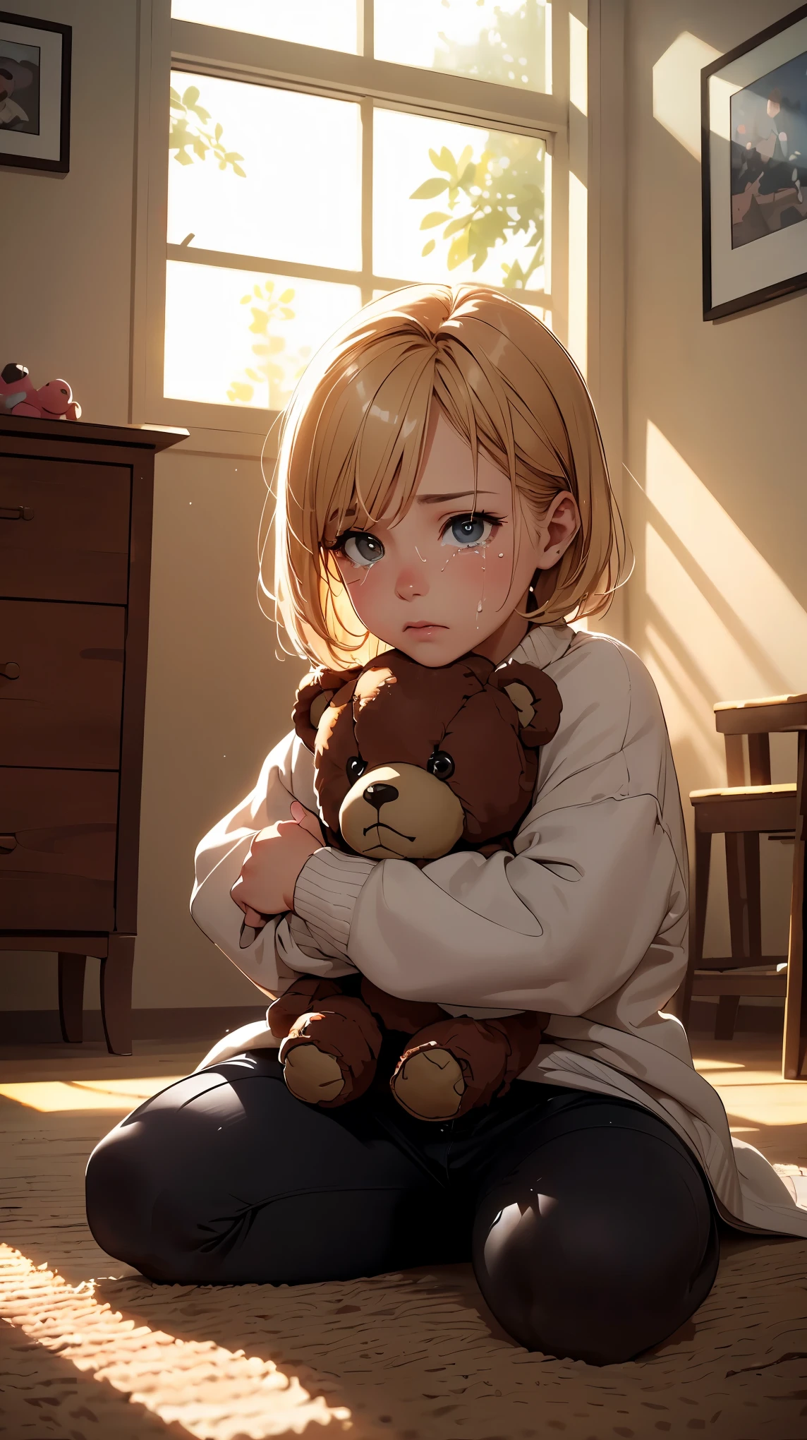 concept:portrait of crying child. quality:(最高quality, 8k, 4k, High resolution, masterpiece:1.2), Super detailed, (real, photorealistic:1.37). lighting effects:cinematic light, Bright colors and mesmerizing effects, Soft and delicate lighting, gentle shine, pastel colour. Subject information:one , Emotional, (cry, Watery eye, gentle expression), (lonely, desolate), (stuffed teddy bear), (sunlight shining through the window), (warm atmosphere), (Comfortable environment), (childhood innocence). Other details:(indoor setting), (Nursery), (scattered toys), perfect fingers, five fingers, anatomically correct, background bokeh, Lens flare, 300㎜, f/4, photo shoot.