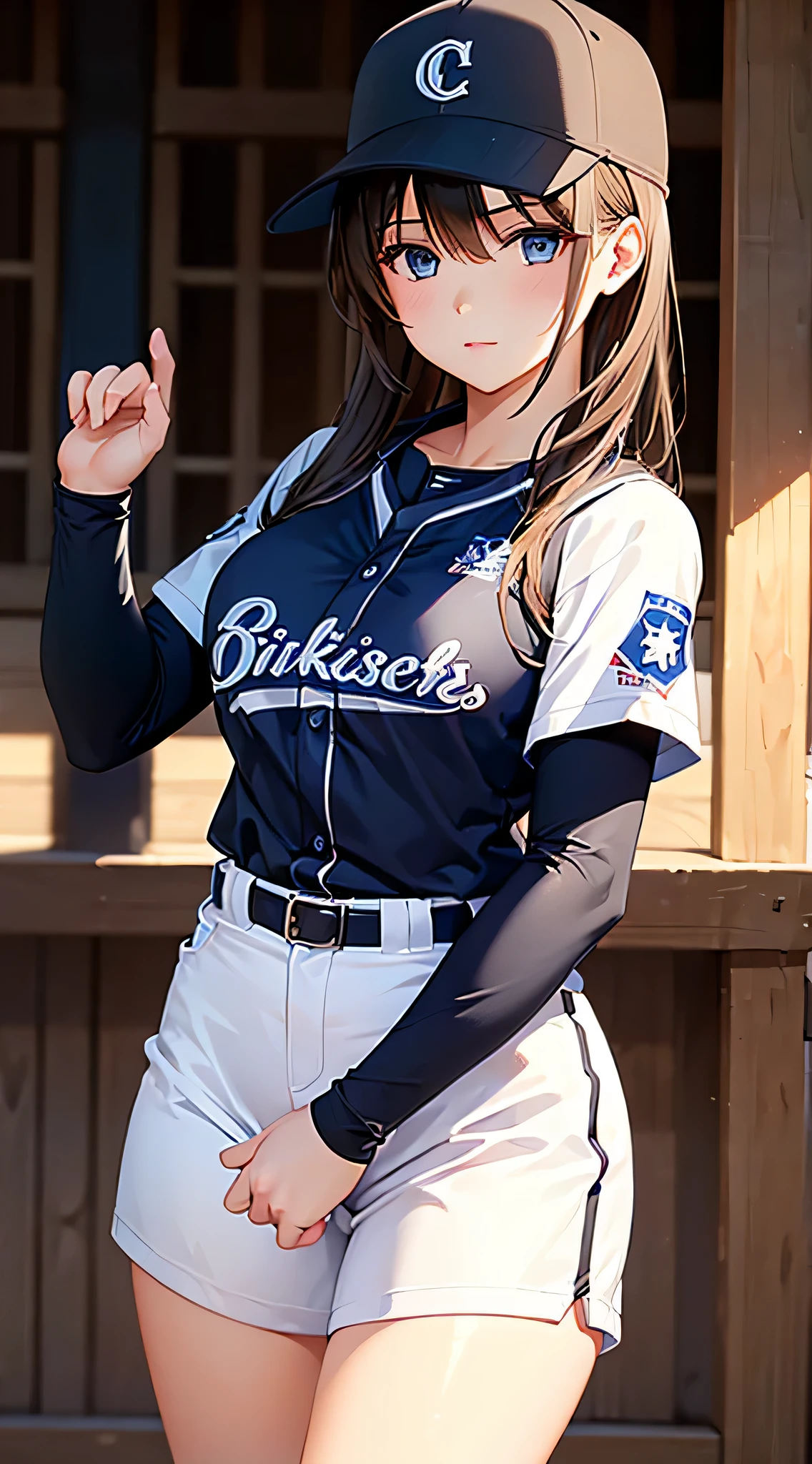 (((1 girl))), masterpiece, highest quality, Super realistic 8kCG, perfect artwork,cowboy shot, perfect woman image, dramatic shadow, perfect hands, ((cute face)), beautiful face, beautiful girl,baseball uniform,