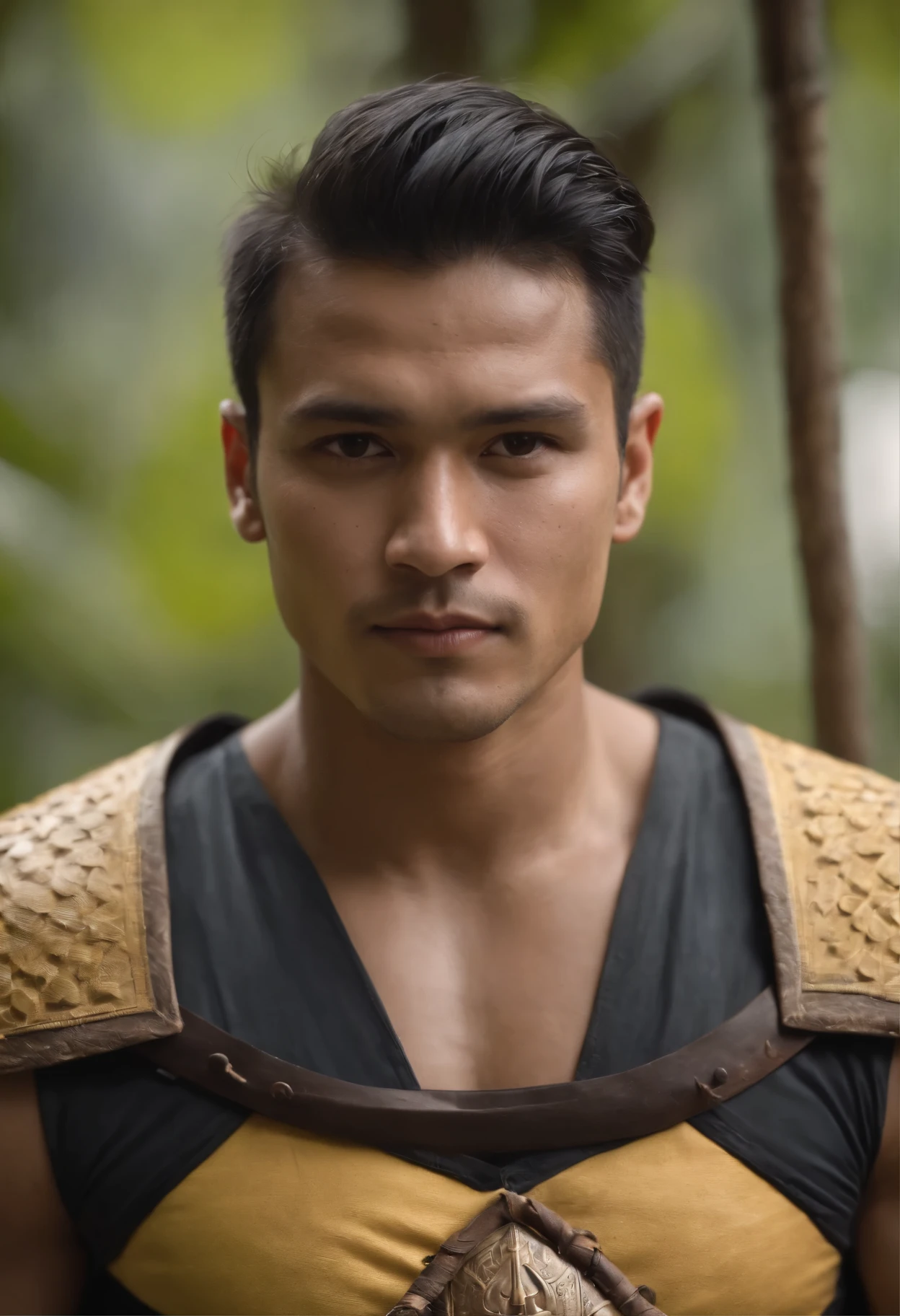 A superhero, male, in his 30s, black hair, samoan skin, his attire is in yellow, black and red with Sarawak motives design, his weapon is a Parang and an Iban tribe shield, cinematic, hyper realistic, 8k