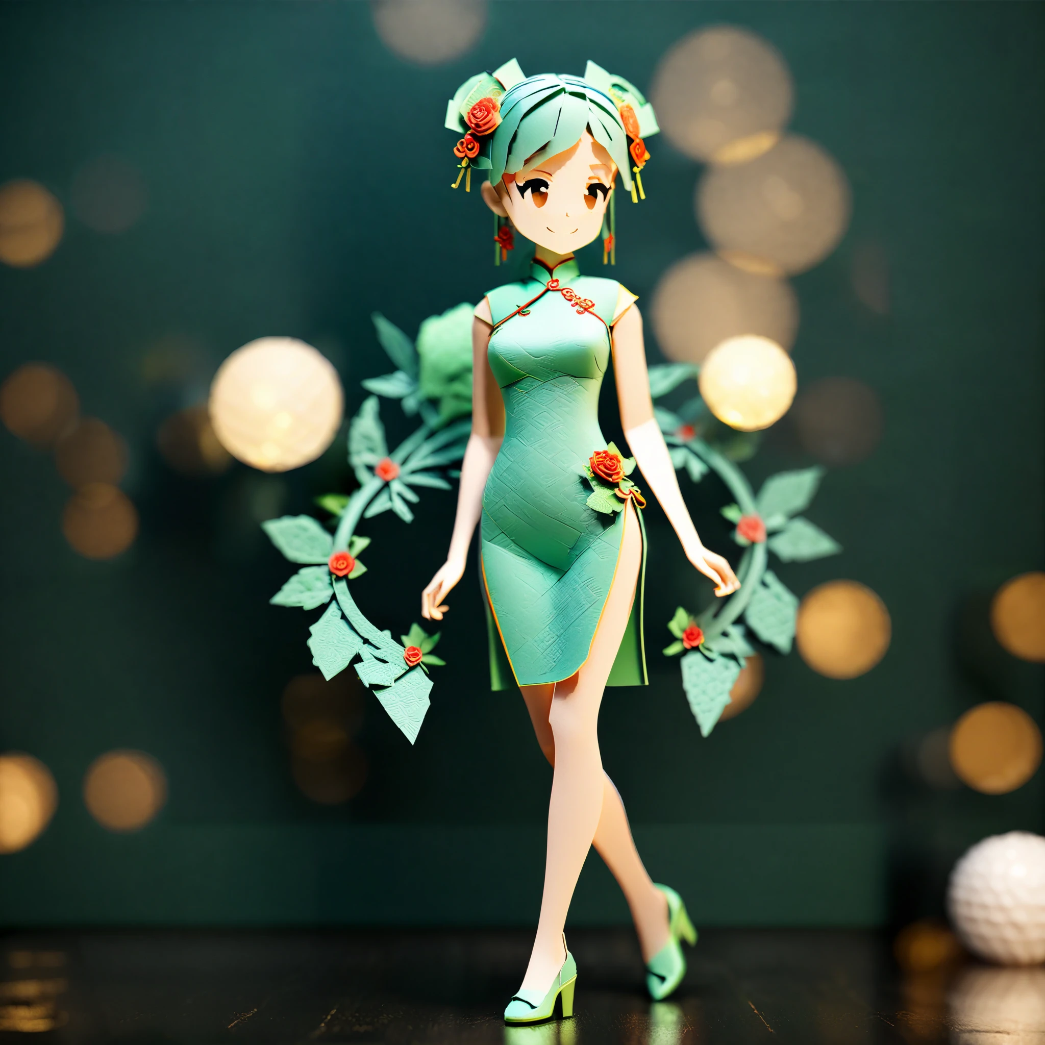 (paper art, Quilted paper art, 3D), (full body:1.5),1 Cheongsam woman,Shy, Slender figure,perfectly proportions,Delicate hair accessories, smile,Oriental elements,rose,simple background, mint green, (Soft Lighting, Bokeh)