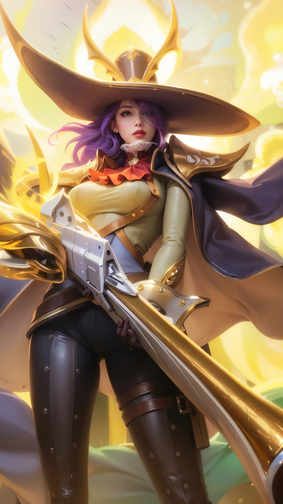 a close up of a woman with a gun in her hand, purple long hair, red lips glossy, 8k, ultra hd, ultra detailed texture, hyper realistic, masterpiece, detailed texture, detailed face, detailed skin, detailed lighting, (photorealistic:1.5), best quality, beautiful lighting, cinematic lighting, professional lighting, ultra highres, realistic, detailed hair, real hair, high quality, (realskin:1.5), extremely detailed, finely detail, ultra-detailed,