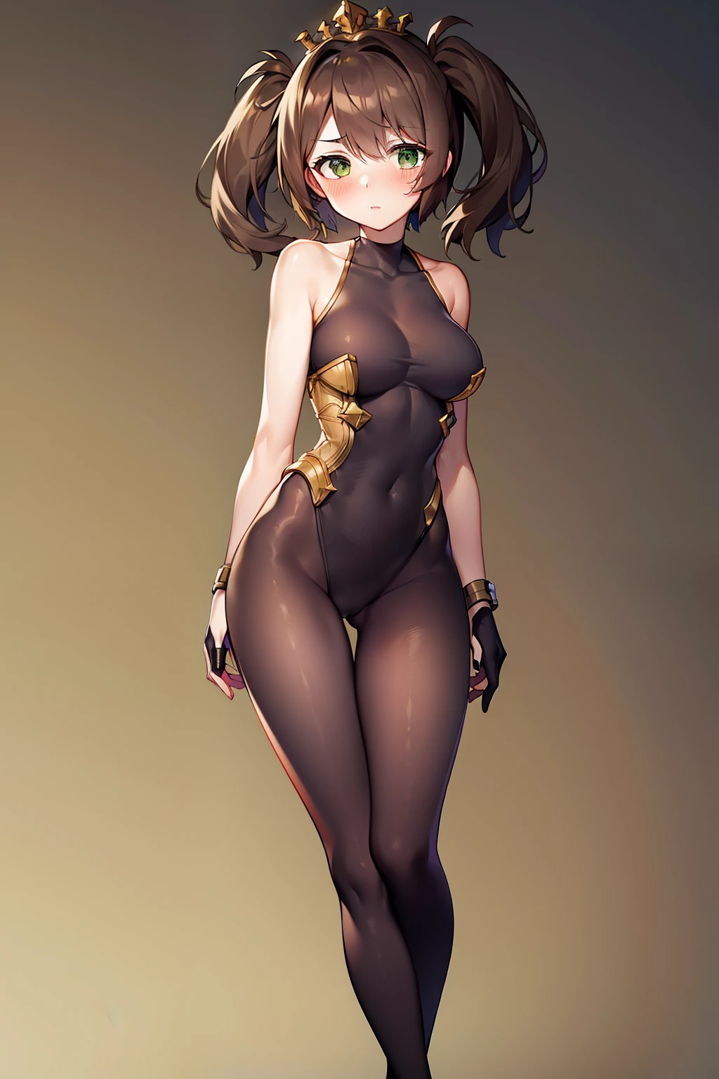 woman, medium breasts, brown hair, short twintails, green eyes, nudity, standing, blush, black bodysuit, bare shoulders, bare arms, bare legs