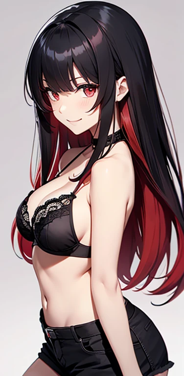 (8K、highest quality、masterpiece:1.2)、anime coloring、super resolution、Realistic、(1girl) 、(black hair to red hair gradient hair,long straight hair:1.5)、(contrapposto),(red eye),(forehead:1.2),(face focus,upper body),(black strapless bra:1.3,black shorts :1.3)、(seductive smile:1.3),(cute face)、,(flat chest),gradient background、(slender:1.3)、