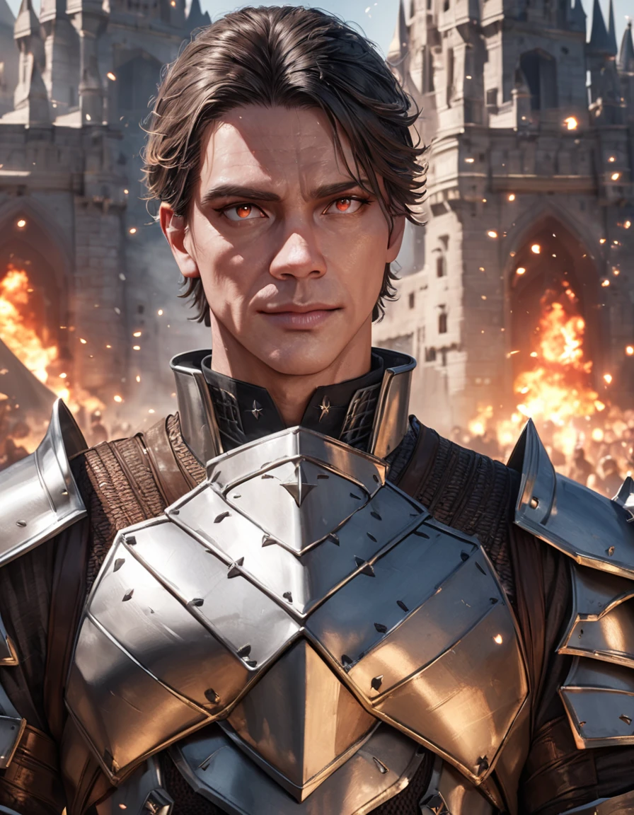 (close-up), 50yo man as a Knight (Your eyes look like two burning embers, short hair, wearing steel knight plate armor), ((heavy armor)), looking at viewer, ((focus on Your eyes look like two burning embers):0.9), in front of a magnificent castle, (masterpiece, best quality, photorealistic, UHD, 4K, 8K, 16K:1.2),
