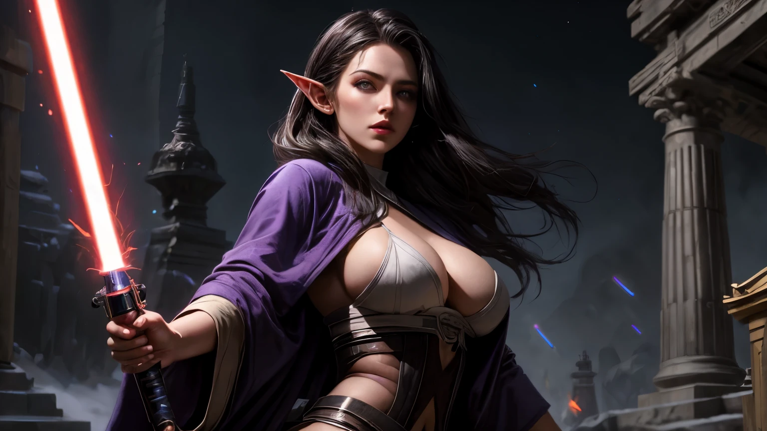 jedi, purple lightsaber, elf, skimpy robe, fit, large breasts, wide hips, blue eyes, realistic, high quality, telekinesis, beautiful female, wielding a lightsaber, temple background, long hair, black hair, pale skin, flawless skin, one-handed lightsaber, huge breasts, exquisite face, detailed face, makeup, jedi knight and apprentice