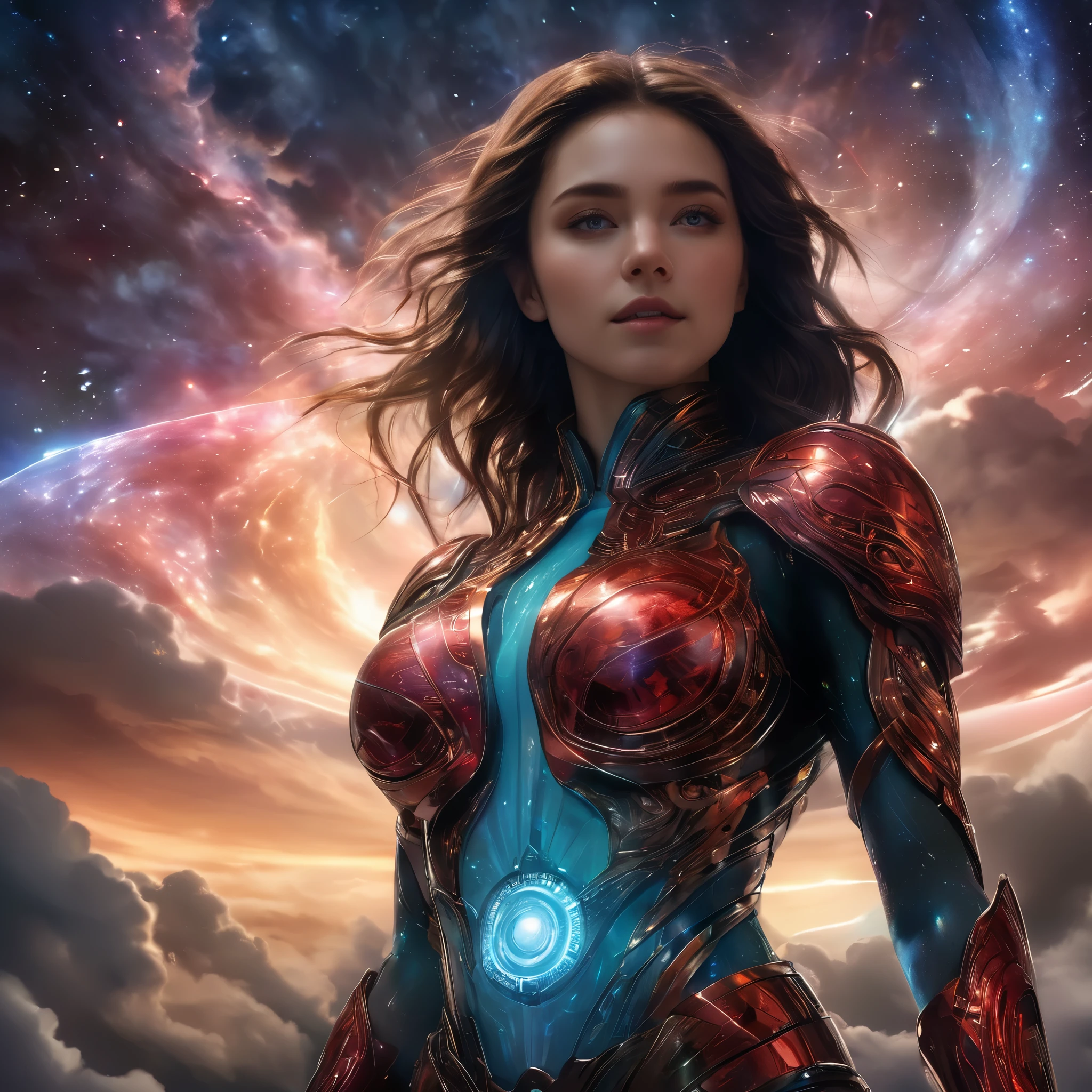 (1 beautiful age Italian girl),(wears iridescent bodysuit with beautiful fractal or marble design:1.5),(She wears gauntlets with a detailed and very beautiful design decorated with jewels:1.6), ((Shie is showing her armpits:1.6)), (erotic pose:1.6), (model pose:1.6), incredibly spectacular scene, ((high quality)), ((fantasy)), blue plasma brain, green plasma body, obscene, average, (despicable:1.2), (immoral:1.2), (Small breasts with beautifully raised pink areolas:1.5), (expression of ecstasy:1.2), hyper realistic photo, official art, Unity 8K Wallpaper, 8K portrait, high quality, very high resolution, (incredibly beautiful nature background:1.6), (18-year-old:1.5), (sexy and glamorous:1.1), (coquettish expression:1.6), (smile seductively:1.6), beautiful seductive face, portrait, (thick eyebrows:1.4), (big scarlet eyes:1.6), Beautiful eyes with high bilateral symmetry, (highly detailed eyes:1.4),(highly detailed face and eyes:1.7), (High resolution red eyes:1.8), (Super detailed skin texture:1.4), super detailed pale skin, perfect anatomy, thin, (Beautiful muscular toned body:1.6), highly detailed jet black hair, (moist skin:1.2), no makeup, (Bear:1.1), excellent anatomy, Focus plane, good looking, (emilia clarke:0.1) (emma watson:0.3),(jennifer connelly:0.24), (A delicately crafted necklace is wrapped around her neck), (Bioluminescence with a brilliant glow:1.4), (Shining magic circle:1.5), ruins of an ancient castle, Shining majestic clouds and sky, lightning, spectacular realistic, (greg latkowski:0.8), (teal and orange:0.4), (art station:1.5), cinematic, (NSFW:1.6), dramatic light, (intricate details:1.1),Milky Way, (nebula:1.6), dark Knight, Focus on fully armored body