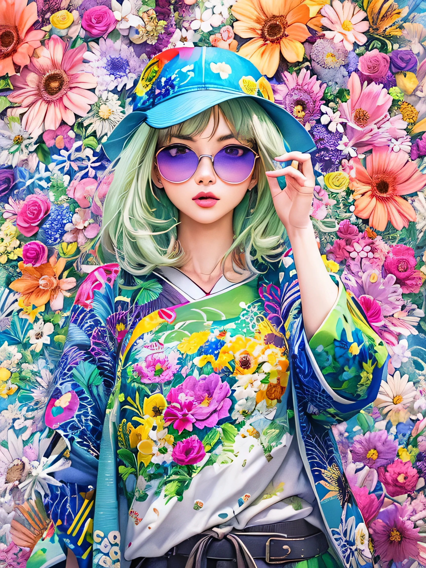 8K quality, watercolor painting, stylish design, (((The strongest beautiful girl of all time))), (((Japanese)))、Idol、clear, Stylish sunglasses, Fashionable hats, (((highest quality))), bob hair, HDR, ((Detailed details)), stylish fashion, detailed clothing texture, (((graffiti art))), colorful hair, ((masterpiece))、((Super detailed))、(((colorful flowers)))
