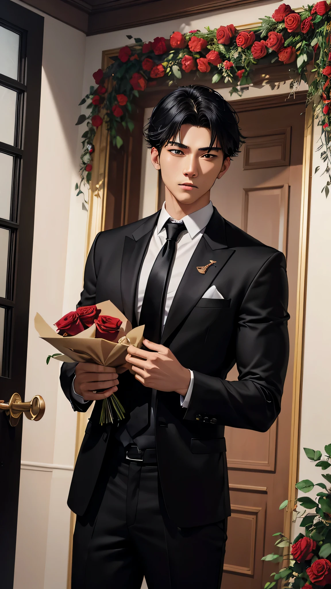 最high quality、best image quality、masterpiece、male((20-year-old、 By becoming、muscular、black Y-shirt、black suit、black tie、black hair、shortcut、holding a bouquet of roses、gesture of offering)),high quality、beautiful art、background((In front of the entrance))、Flight、debris flies、Depth of written boundary、movie、visual art、perfect art、8K,genuine、Dynamic Performance