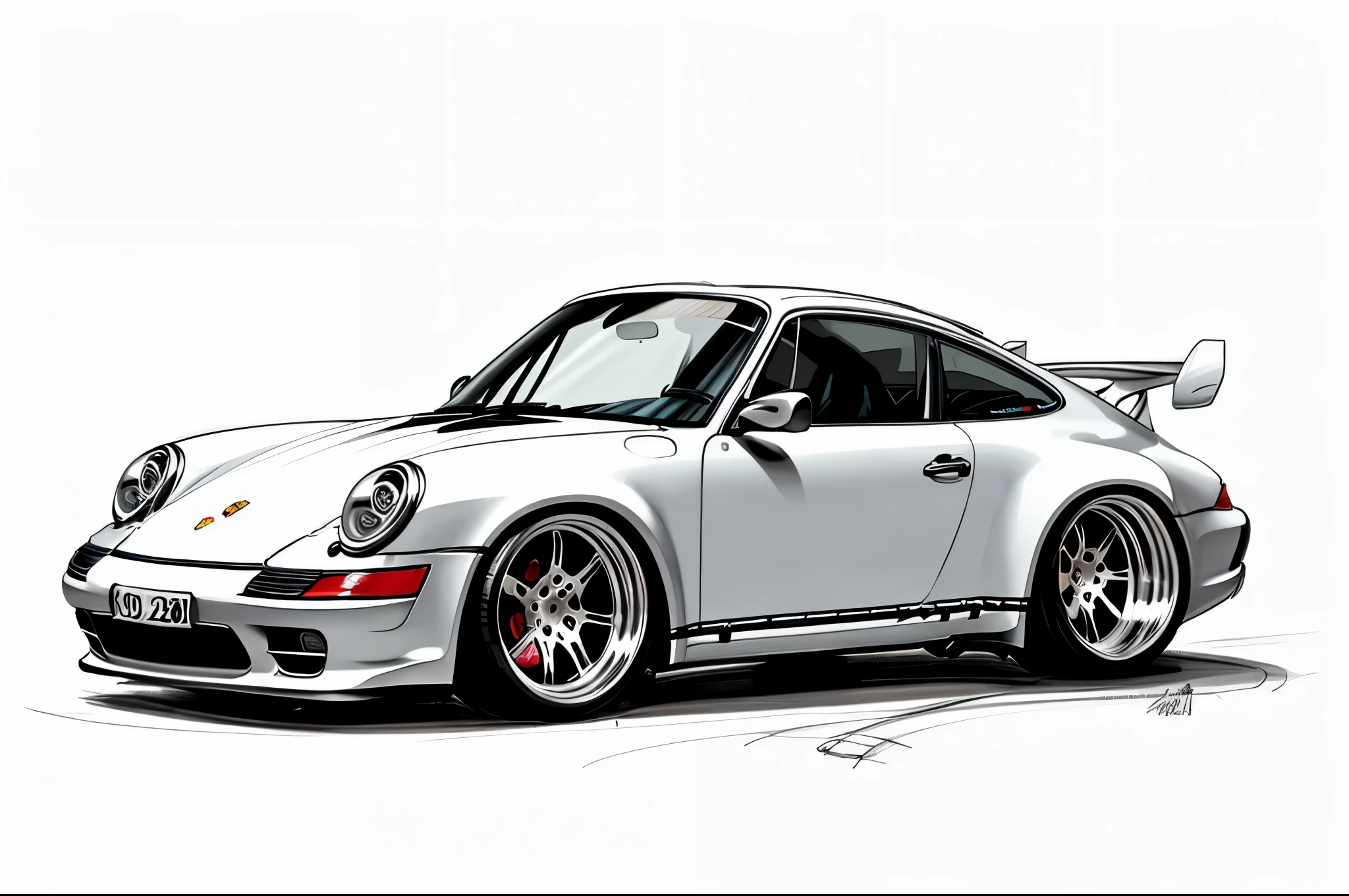 Porsche 911 rwb, wide body, sketch,
cartoonish, comic strip, Chip Foose car rendering, chrome wheels, bagged, slammed to the ground,