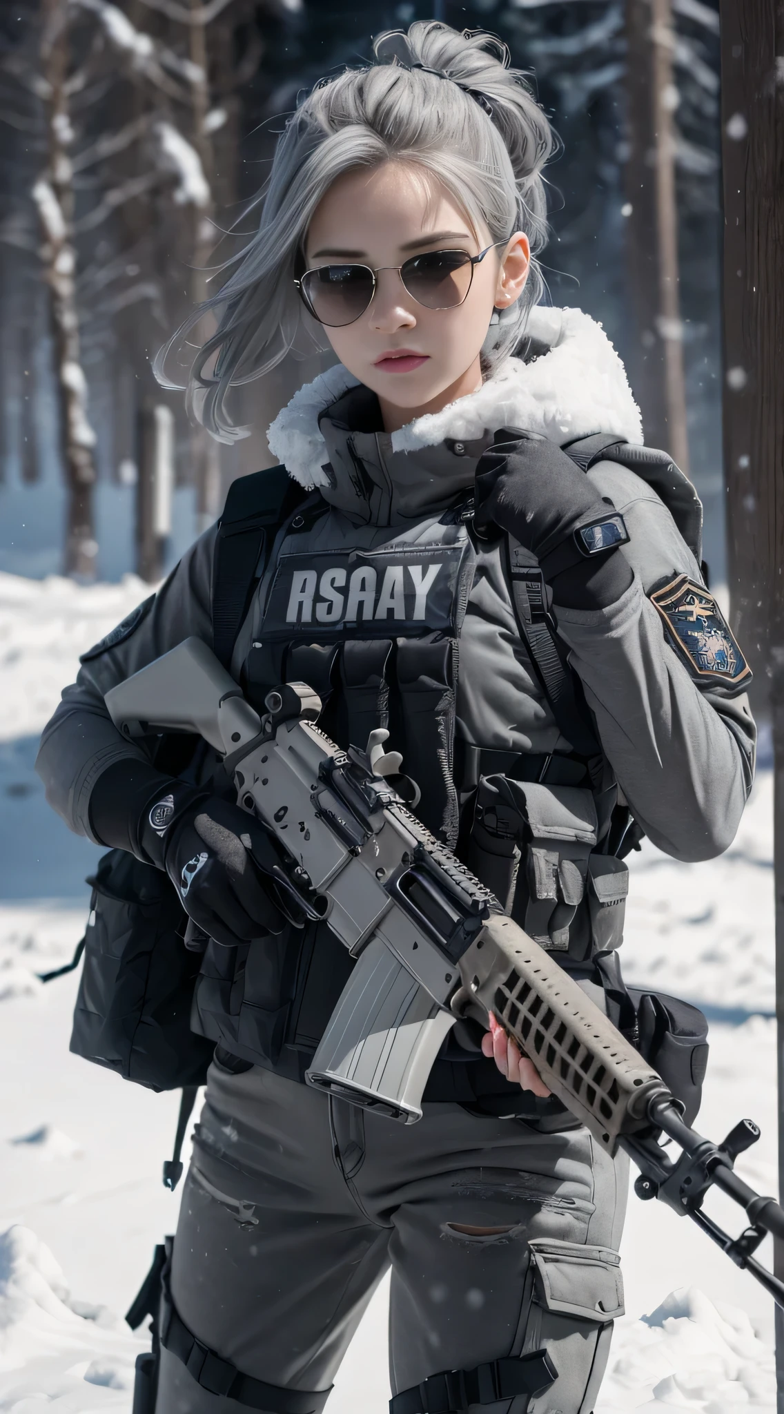 ((highest quality)), (masterpiece), realistic, photorealism, One girl aiming with an ak-47 assault rifle, battle pose, realistic, High resolution,snow background, look at the camera, (detailed face), (gray hair high top decay:1.3), SWAT vest, gun, jewelry，black gloves, sunglasses on head, fingers are blocked