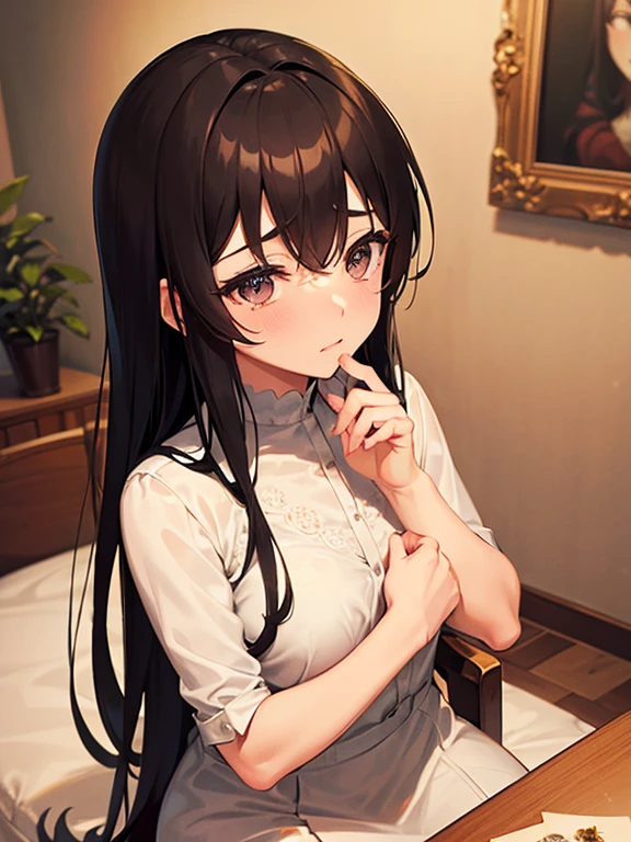 An exceptionally beautiful woman, detailed tears rolling down her cheeks, sitting cross-legged in her luxurious bedroom. She is positioned on her bed, holding a picture of her beloved Kpop Idol in her delicate hands. The room is filled with a soft, ethereal light, casting a gentle glow on her angelic face. The tear stains on her face are visible, emphasizing her raw emotions. The room is adorned with elegant furniture and delicate decorations, reflecting her refined taste. The walls are adorned with art pieces that depict the vibrant Kpop culture. The atmosphere exudes a sense of intimacy and solitude, as if she is lost in her own thoughts. The room is complete with a cozy ambiance, represented by warm tones of light and soft textures. The image quality should be best, with a resolution of 4k or 8k, capturing every intricate detail of her beauty and emotions. The overall style should be realistic and photorealistic, capturing the essence of this emotional moment in stunning detail.