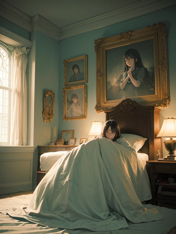An exceptionally beautiful woman, detailed tears rolling down her cheeks, sitting cross-legged in her luxurious bedroom. She is positioned on her bed, holding a picture of her beloved Kpop Idol in her delicate hands. The room is filled with a soft, ethereal light, casting a gentle glow on her angelic face. The tear stains on her face are visible, emphasizing her raw emotions. The room is adorned with elegant furniture and delicate decorations, reflecting her refined taste. The walls are adorned with art pieces that depict the vibrant Kpop culture. The atmosphere exudes a sense of intimacy and solitude, as if she is lost in her own thoughts. The room is complete with a cozy ambiance, represented by warm tones of light and soft textures. The image quality should be best, with a resolution of 4k or 8k, capturing every intricate detail of her beauty and emotions. The overall style should be realistic and photorealistic, capturing the essence of this emotional moment in stunning detail.