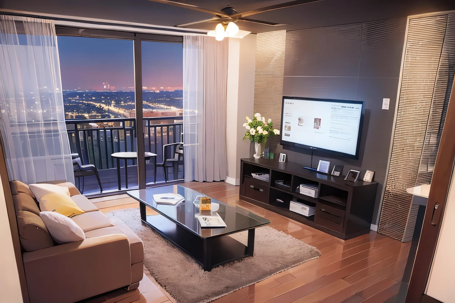 (night, dark:1.5), stars, living、sofa、table、ceiling、tv set