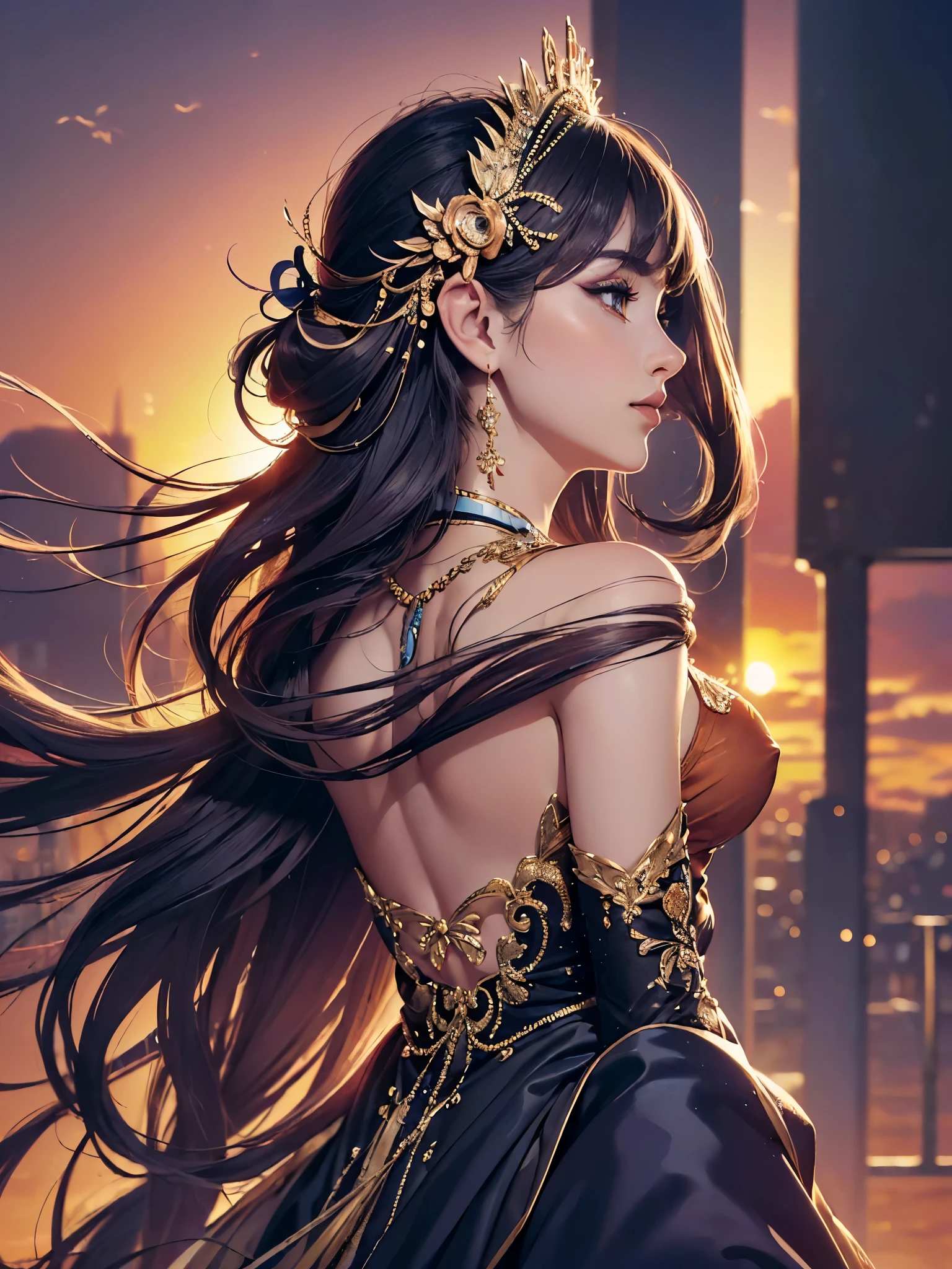 ((highest quality)),(ultra high resolution),(Super detailed),(detailed description),((best CG)),(best work of art),super precision art,amazing drawing art,(Art with precise details:1.5, (lady:1.6),(beautiful and well-shaped face:1.3),(A dress that is about to be taken off, depicted in precise detail:1.6),(profile:1.5),(Fine and glossy back 1.8), (sunset sky:1.8)