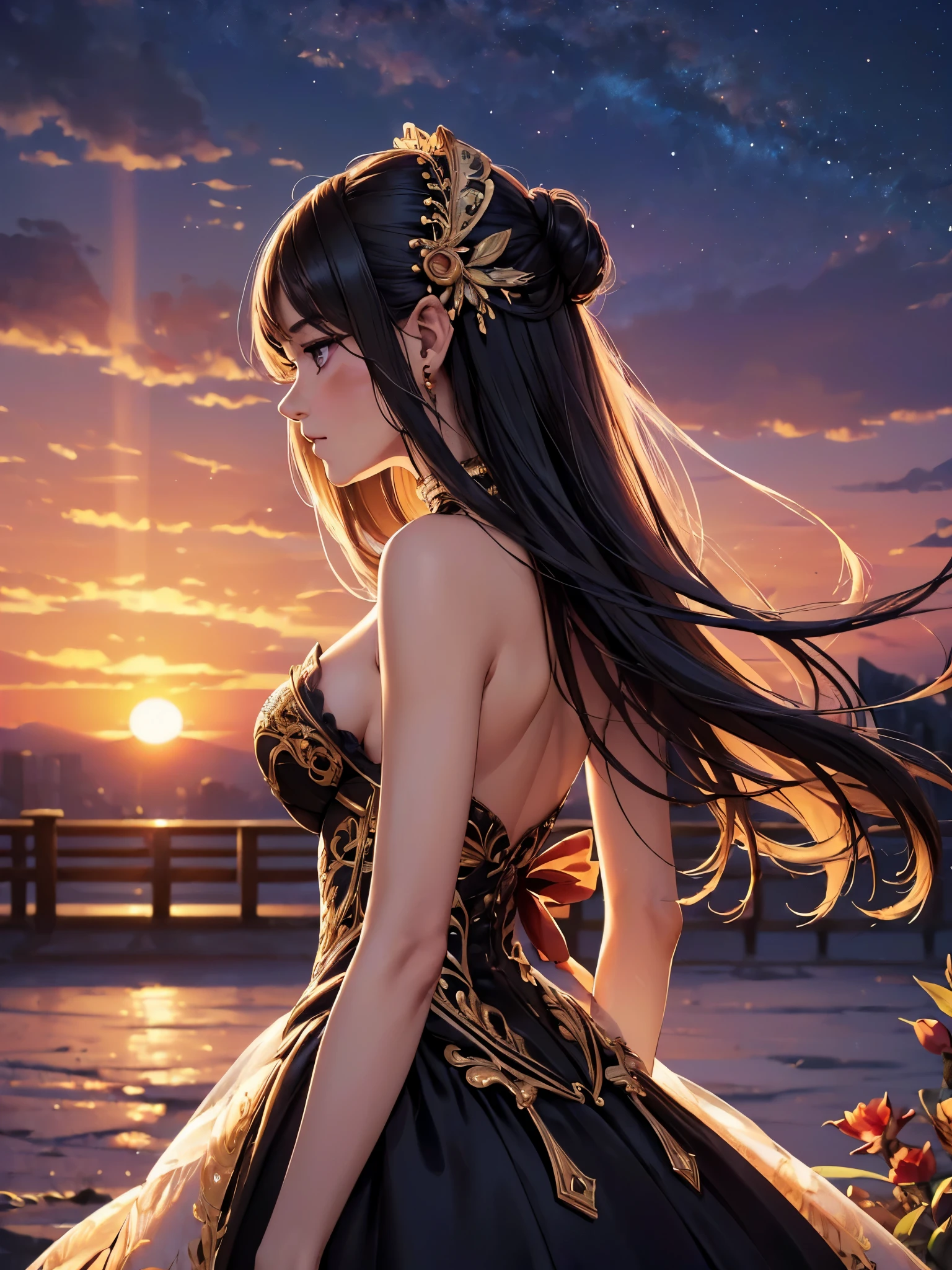 ((highest quality)),(ultra high resolution),(Super detailed),(detailed description),((best CG)),(best work of art),super precision art,amazing drawing art,(Art with precise details:1.5, (lady:1.6),(beautiful and well-shaped face:1.3),(A dress that is about to be taken off, depicted in precise detail:1.6),(profile:1.5),(Fine and glossy back 1.8), (sunset sky:1.8)