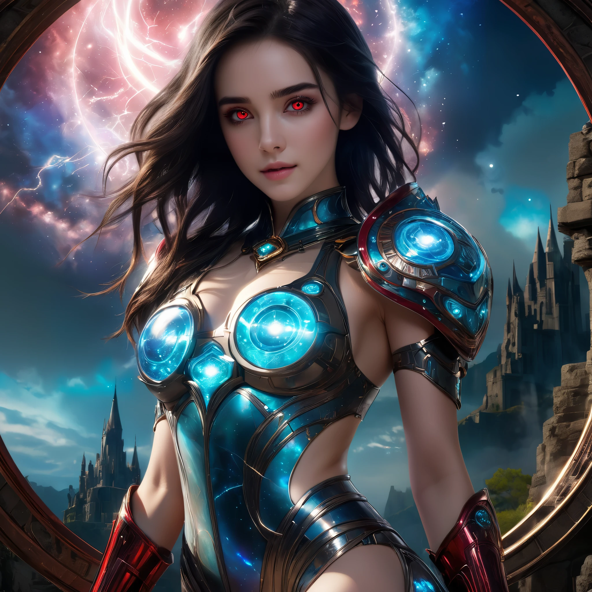 (1 beautiful age Italian girl),(wears iridescent bodysuit with beautiful fractal or marble design:1.5),(She wears gauntlets with a detailed and very beautiful design decorated with jewels:1.6), ((Shie is showing her armpits:1.6)), (erotic pose:1.6), (model pose:1.6), incredibly spectacular scene, ((high quality)), ((fantasy)), blue plasma brain, green plasma body, obscene, average, (despicable:1.2), (immoral:1.2), (Small breasts with beautifully raised pink areolas:1.5), (expression of ecstasy:1.2), hyper realistic photo, official art, Unity 8K Wallpaper, 8K portrait, high quality, very high resolution, (incredibly beautiful nature background:1.6), (18-year-old:1.5), (sexy and glamorous:1.1), (coquettish expression:1.6), (smile seductively:1.6), beautiful seductive face, portrait, (thick eyebrows:1.4), (big scarlet eyes:1.6), Beautiful eyes with high bilateral symmetry, (highly detailed eyes:1.4),(highly detailed face and eyes:1.7), (High resolution red eyes:1.8), (Super detailed skin texture:1.4), super detailed pale skin, perfect anatomy, thin, (Beautiful muscular toned body:1.6), highly detailed jet black hair, (moist skin:1.2), no makeup, (Bear:1.1), excellent anatomy, Focus plane, good looking, (emilia clarke:0.1) (emma watson:0.3),(jennifer connelly:0.24), (A delicately crafted necklace is wrapped around her neck), (Bioluminescence with a brilliant glow:1.4), (Shining magic circle:1.5), ruins of an ancient castle, Shining majestic clouds and sky, lightning, spectacular realistic, (greg latkowski:0.8), (teal and orange:0.4), (art station:1.5), cinematic, (NSFW:1.6), dramatic light, (intricate details:1.1),Milky Way, (nebula:1.6), dark Knight, Focus on fully armored body