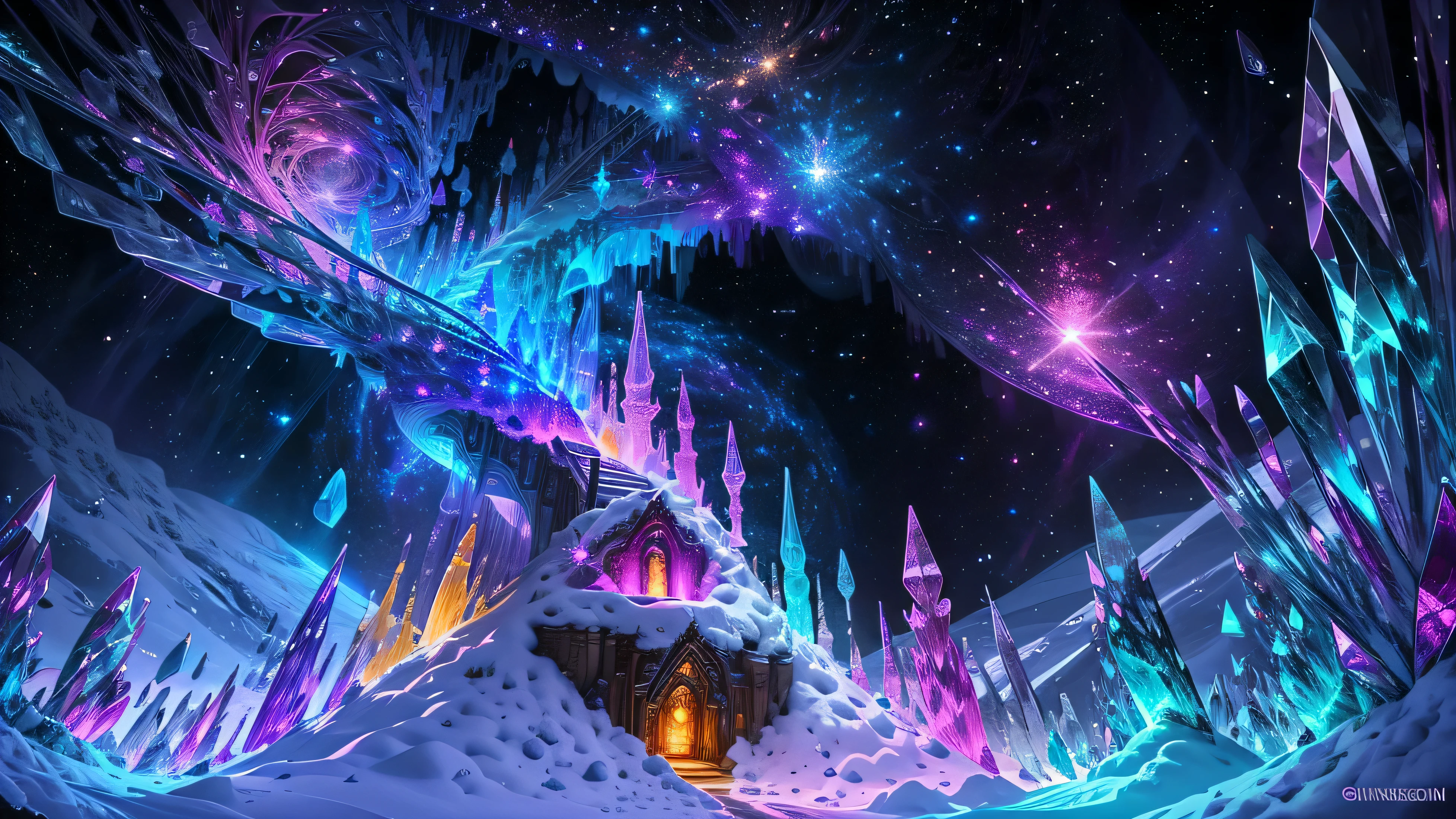 In the heart of a crystal fantasy world, a closer look reveals an endless, spiraling staircase crafted from clear crystals, each step shimmering with a kaleidoscope of hues. Above, the galaxy twinkles with stars and nebulas, a backdrop of infinite wonder. The crystals, with their transparent and sparkling surface, refract the light, creating a breathtaking, colorful display.
Photographers armed with state-of-the-art equipment capture this magical scene, employing dramatic lighting, photorealism, and ultra-detailed techniques to capture every facet of the crystals' resplendent reflections. The 4K resolution and depth