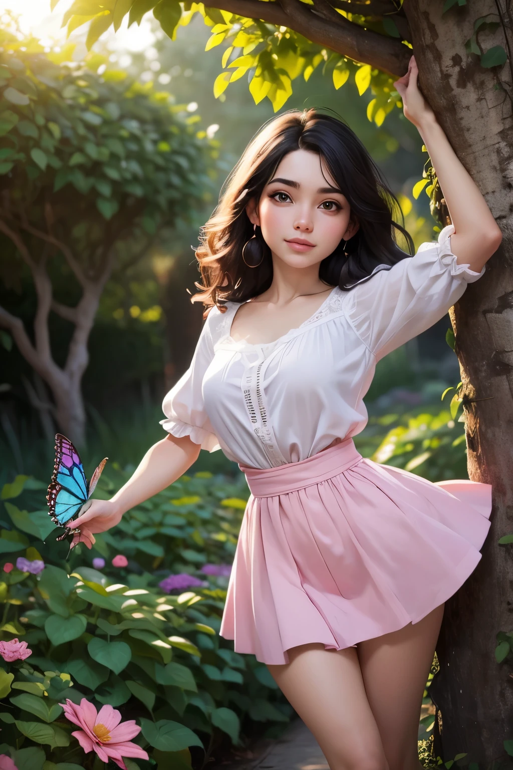 (Mejor calidad,Obra maestra:1.2),RES ultra alto,(fotorrealista:1.4),foto cruda,1 chica,fuera del hombro,cinematic lighting,hermosos ojos detallados,hermosos labios detallados,ojos y rostro extremadamente detallados,long eyelashes,illustration,efecto bokeh,vivid colors,Soft and warm color tone,luz natural suave,green garden background,suave brisa,follaje de primer plano ligeramente borroso,relaxed and dreamy atmosphere,subtle and warm sunlight,cabello suave y fluido,leve olor a flores en el aire,butterflies dancing around the figure of the girl,obra de arte impresionante,puro encantamiento.